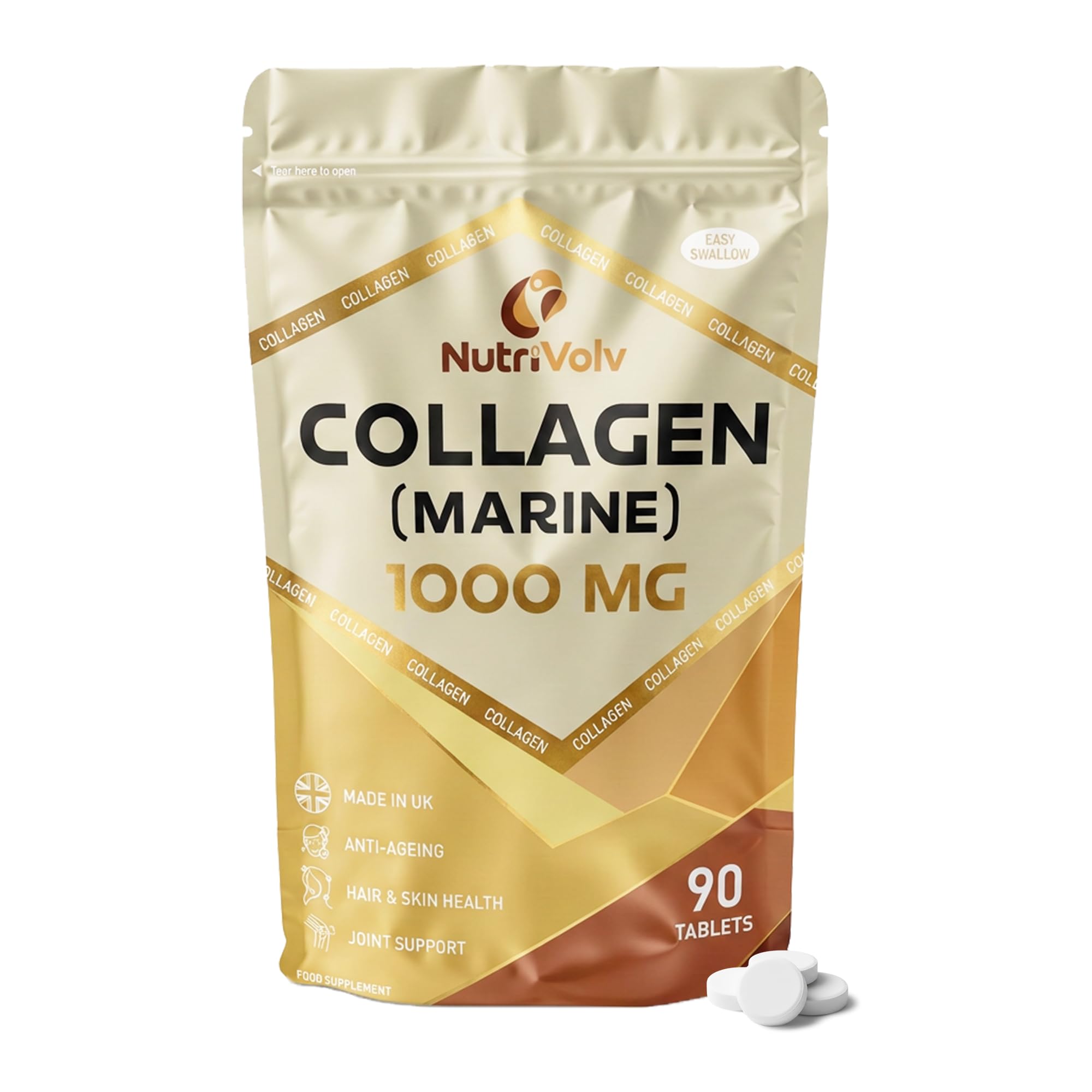 Nutrivolv Collagen Marine (1000mg) Supplement for Skin , Anti Ageing, Tissue, Joints, Bones & Muscles | 90 Multivitamin Tablets