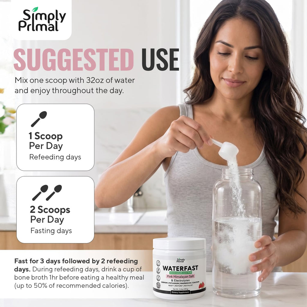 Simply Primal WATERFAST Monk Fruit Keto Electrolyte Powder for Fasting and Hydration- Strawberry Watermelon Flavor | Pink Himalayan Salt (Sodium), Potassium, Magnesium, Calcium | Sugar Free