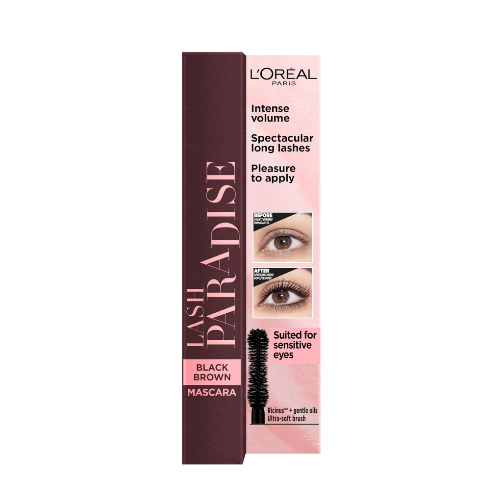 L'Oreal Paris Mascara for Intense Volume and Spectacular Length, Suitable for Sensitive Eyes, Lash Paradise Moonlight Noir Mascara, No. 02 Brown (Brown), 1 Piece
