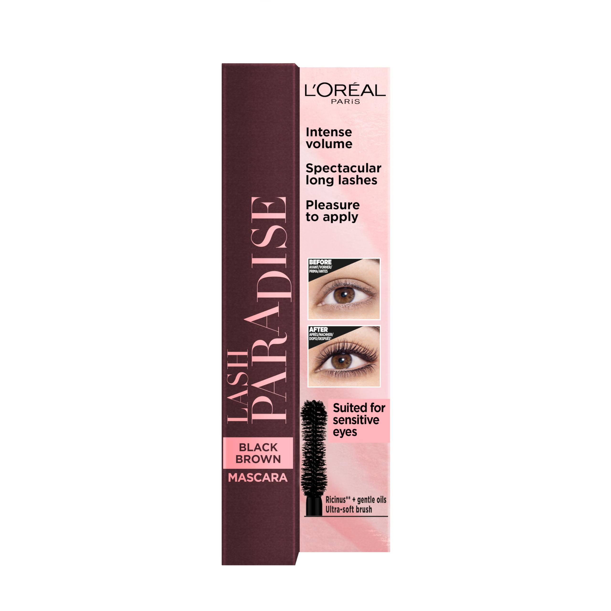 L'Oreal Paris Mascara for Intense Volume and Spectacular Length, Suitable for Sensitive Eyes, Lash Paradise Moonlight Noir Mascara, No. 02 Brown (Brown), 1 Piece