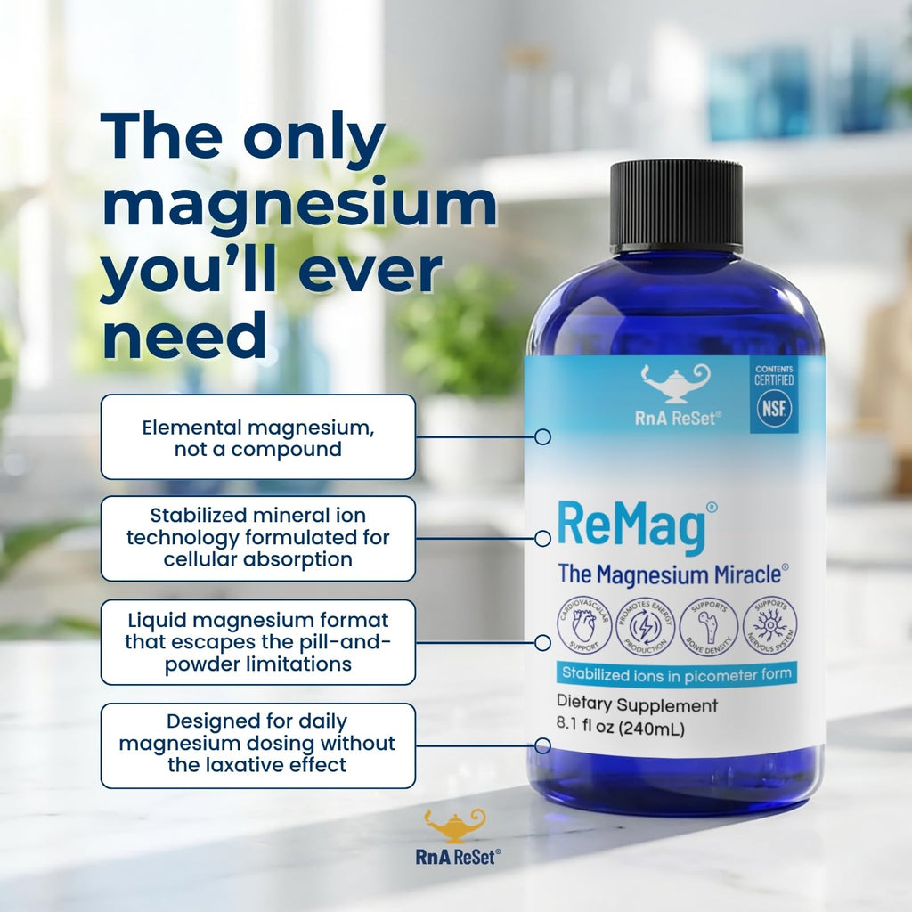 RnA ReSet ReMag – Pico-Ionic Liquid Magnesium for High Absorption, 16.2 Fl Oz (1-Pack) NSF Certified, Supports Restful Sleep - Nerve Health - Muscle Relaxation - Cardiovascular Health