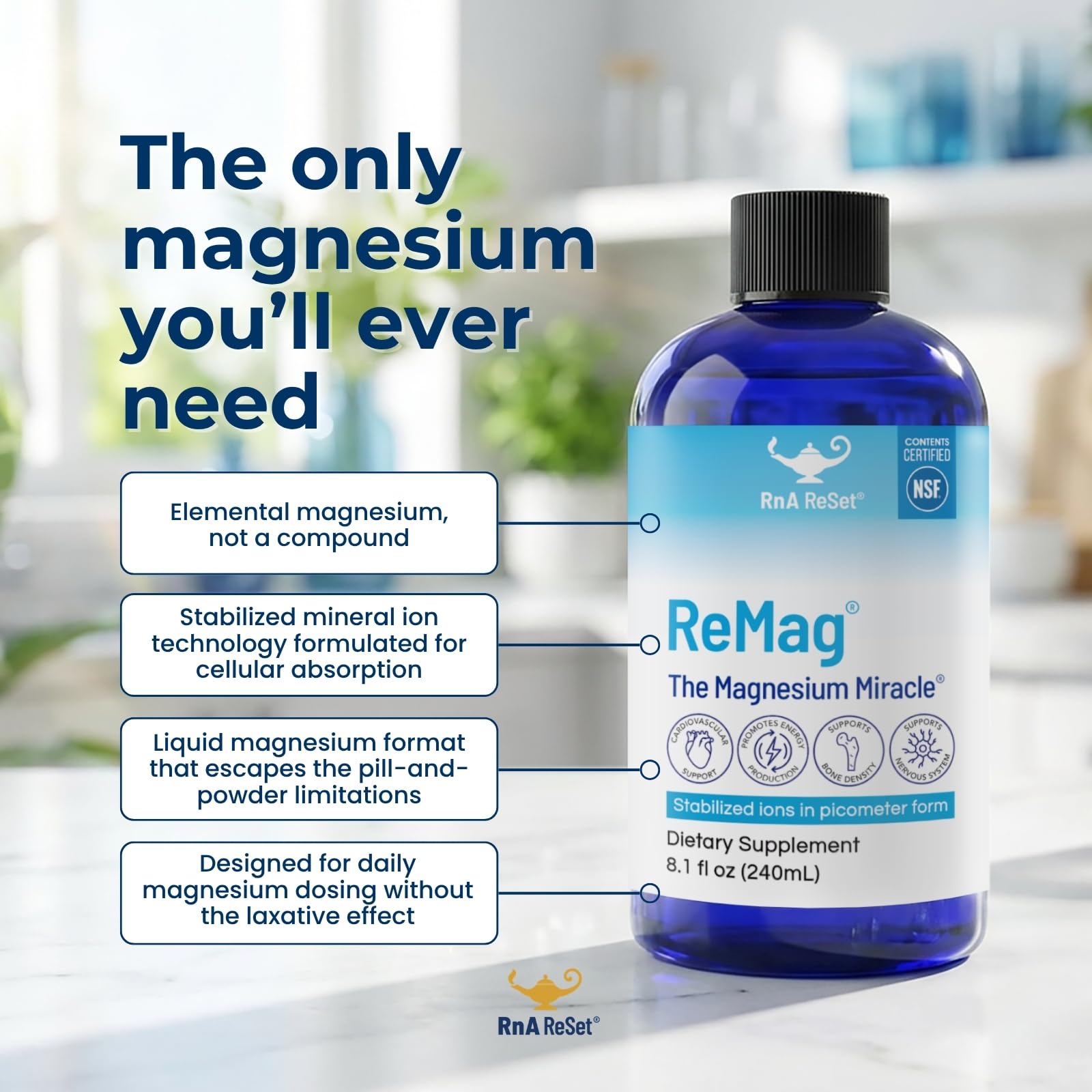 RnA ReSet ReMag – Pico-Ionic Liquid Magnesium for High Absorption, 16.2 Fl Oz (1-Pack) NSF Certified, Supports Restful Sleep - Nerve Health - Muscle Relaxation - Cardiovascular Health