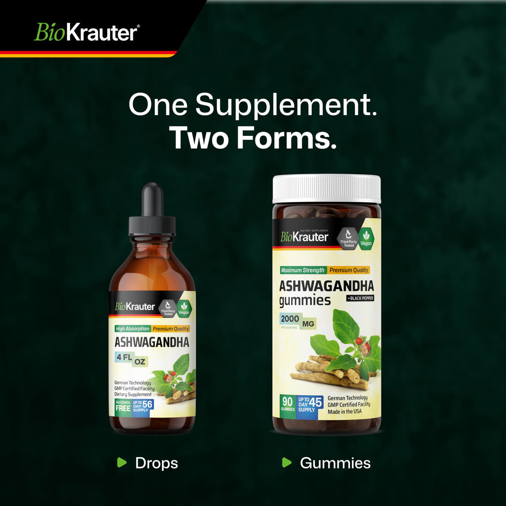 BIO KRAUTER® Ashwagandha Supplements - Liquid Drops Pure Vegan Ashwagandha for Women & Men 685 mg per Serving 4 Fl.Oz 56-Day Supply - Used for Mood Magic & Relaxation Support - Alcohol & Sugar Free