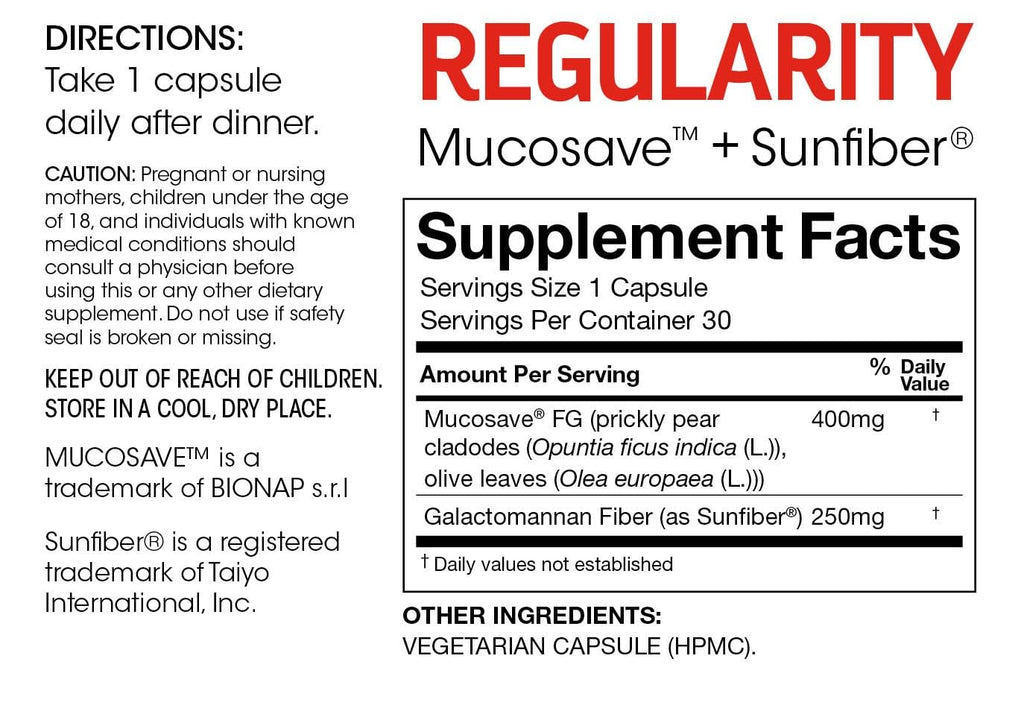 Silver Fern Regularity Digestive Supplement Capsules Brand - 1 Bottle = 30 Capsules = 30 Day Supply - Mucosave FG (Prickly Pear Polysaccharides & Olive Leaf Polyphenols) & SunFiber