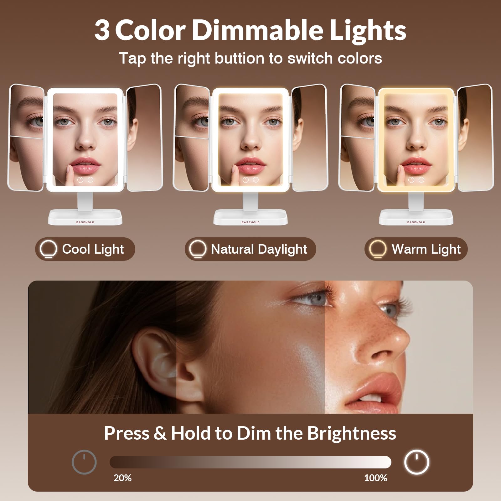 EASEHOLD Rechargeable Trifold Lighted Makeup Mirror with 1X/2X/3X Magnification, 3 Color Eye-Caring LED Lights & Touch Sensor - Foldable Vanity Mirror for Travel, Desk, Bedroom, Gifts for Women