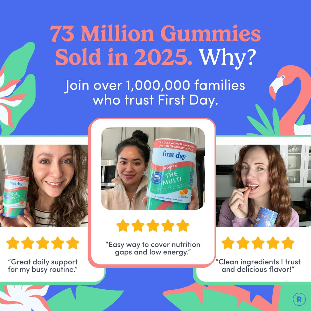FIRST DAY Women's Multivitamin Gummies for Energy, Hair & Overall Health – Daily Multivitamin with Organic Superfood Blend, Methylated Folate, Zinc & Biotin – Vegan, No Junk, 60 Gummies