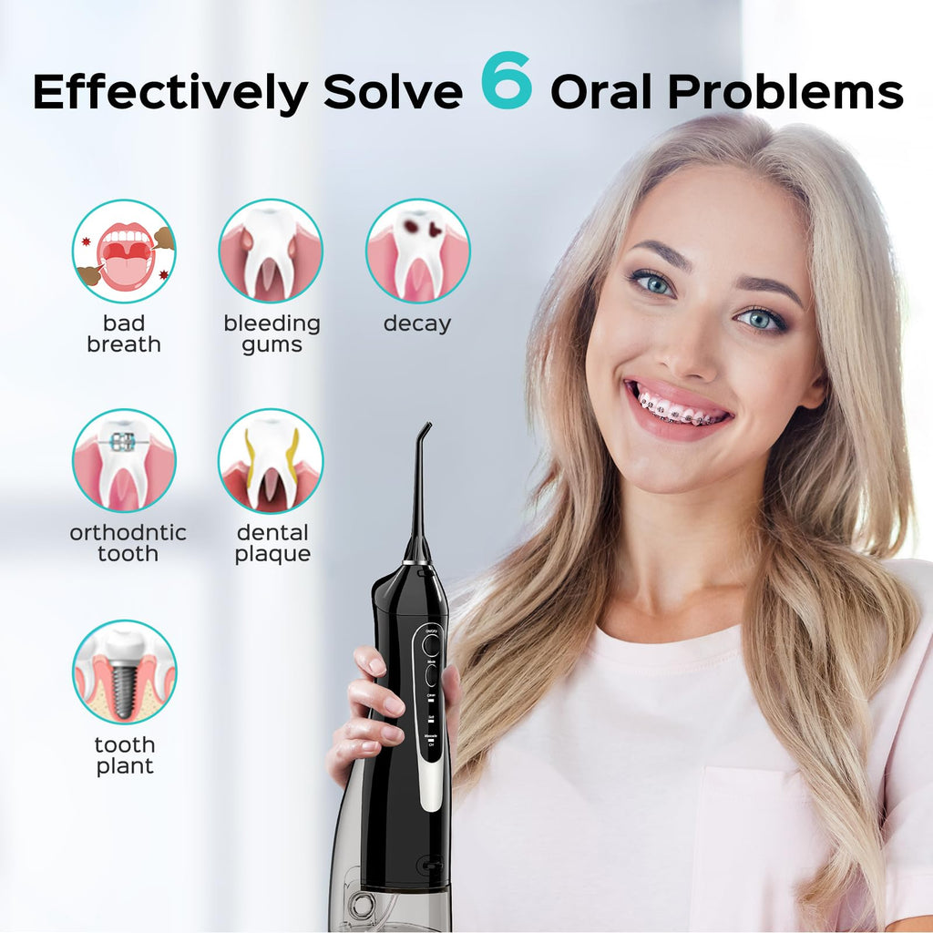 COSLUS ADA Accepted Water Dental Flosser Teeth Pick C20: Portable Cordless Oral Irrigator 300ML Rechargeable Travel Irrigation Cleaner IPX7 Waterproof Electric Flossing Machine, Standard Set Black