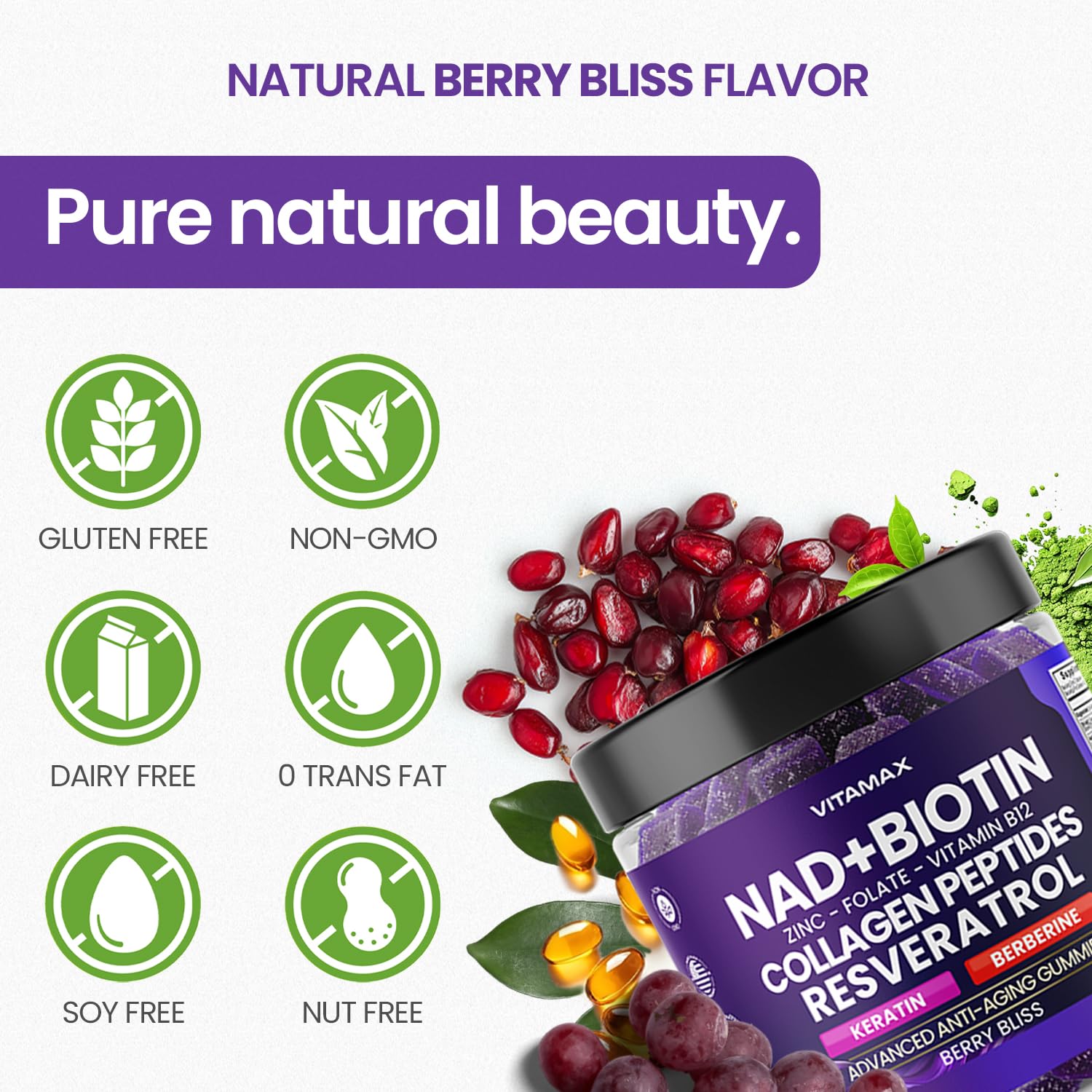 NAD+, Resveratrol, Berberine, & Biotin Anti-Aging Gummy - Hair, Skin, Nails & Joint Supplement - Collagen Peptides, Keratin, Zinc, Vitamin K2 & D3 Gummies -Regeneration- Non-GMO - Made in USA 60 Count