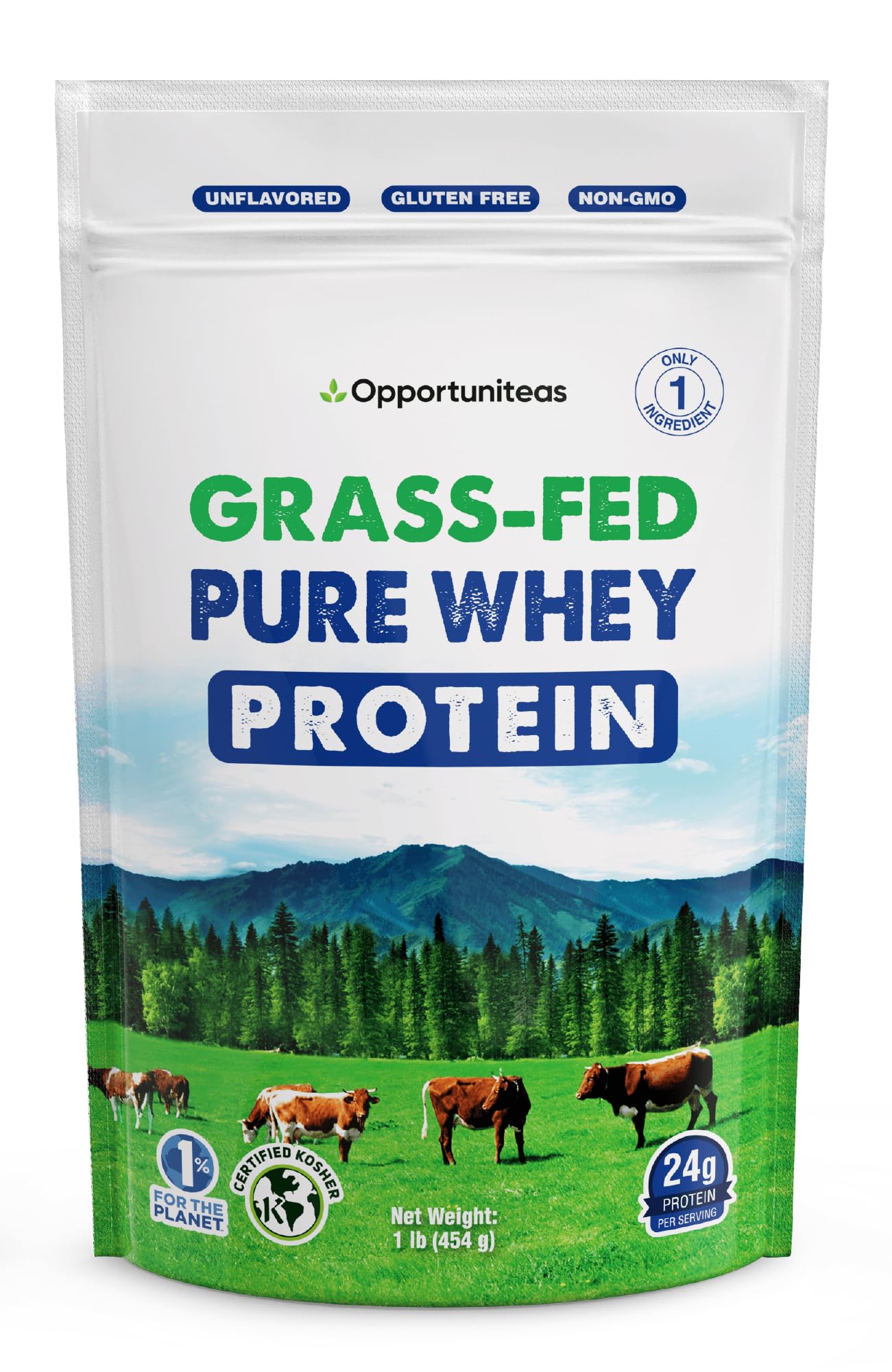 Opportuniteas Grass Fed Whey Protein Powder Concentrate - 1 Ingredient - Pure Protein Supplement for Drink, Smoothie, Shake, Cooking & Baking - Non GMO, Hormone Free & Gluten Free - 1 Pound