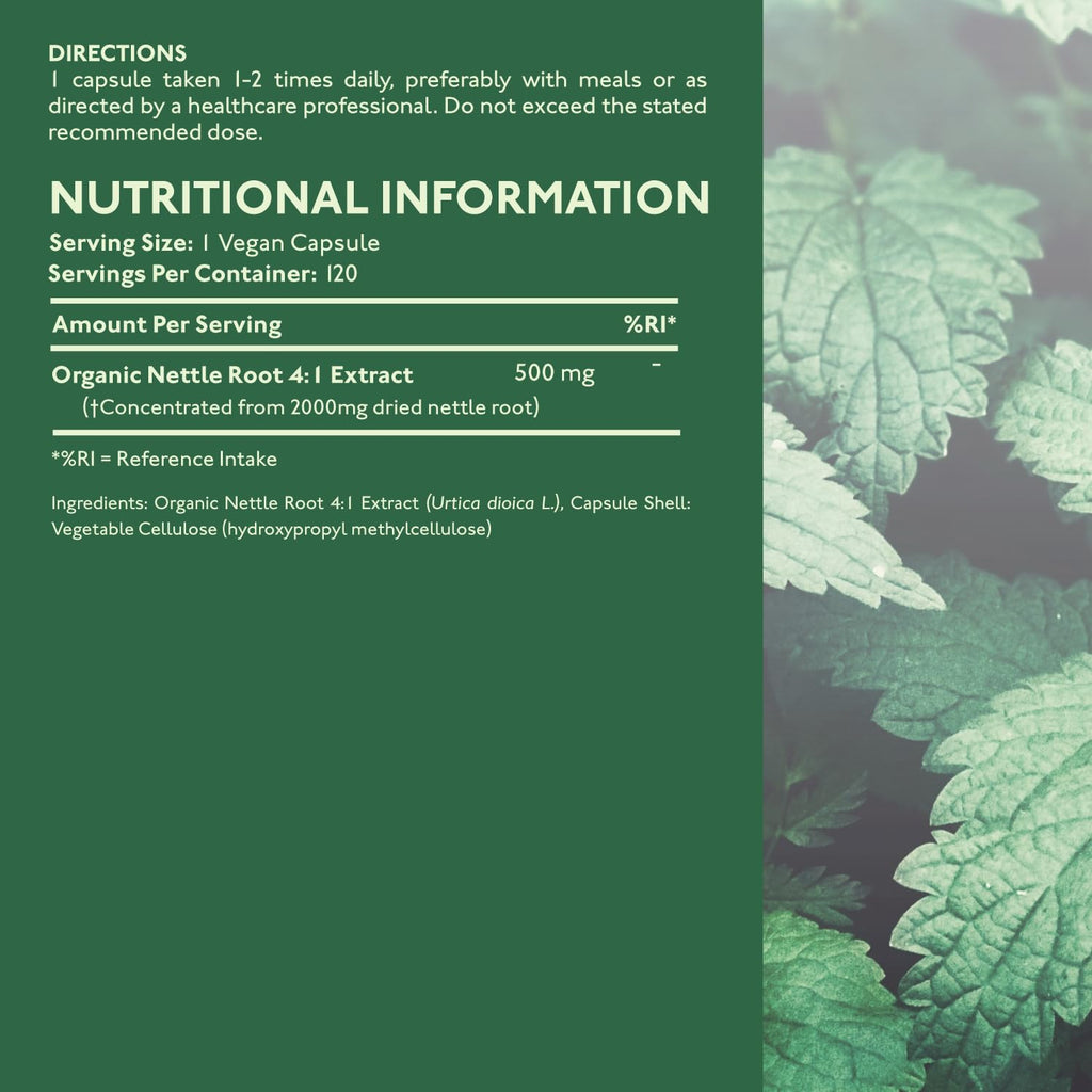 Organic Stinging Nettle Root Extract 2000mg | High Strength 4:1 Extract Stinging Nettle Supplement | 120 Vegan Capsules | Made in The UK