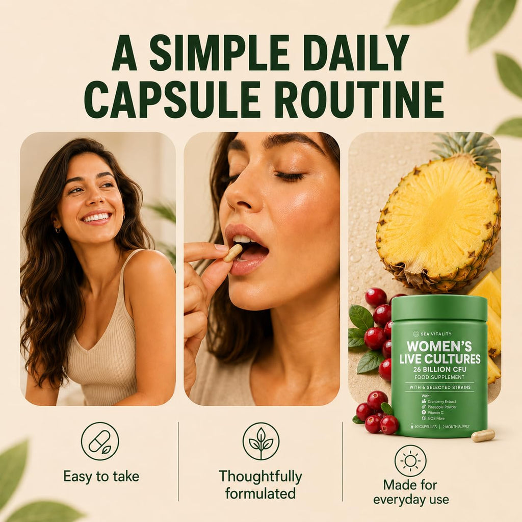 Women's Live Cultures Food Supplement - 26 Billion CFU, 6 Selected Strains with Cranberry Extract, Pineapple Powder, GOS & Vitamin C - 60 Capsules, 1-a-Day Formula for Women, 60 Day Supply