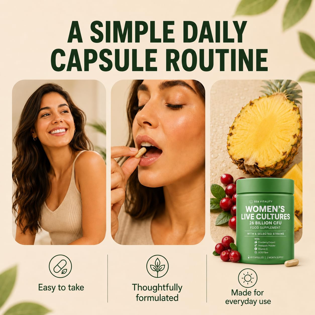 Women's Live Cultures Food Supplement - 26 Billion CFU, 6 Selected Strains with Cranberry Extract, Pineapple Powder, GOS & Vitamin C - 60 Capsules, 1-a-Day Formula for Women, 60 Day Supply