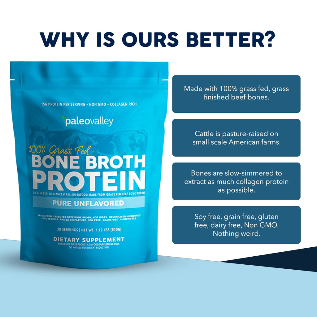 Paleovalley 100% Grass Fed Beef Bone Broth Protein Powder - Rich in Collagen Peptides for Hair, Skin, Gut Health, Bone and Joint Support - 15g Protein Per Serving - No Gluten or GMOs