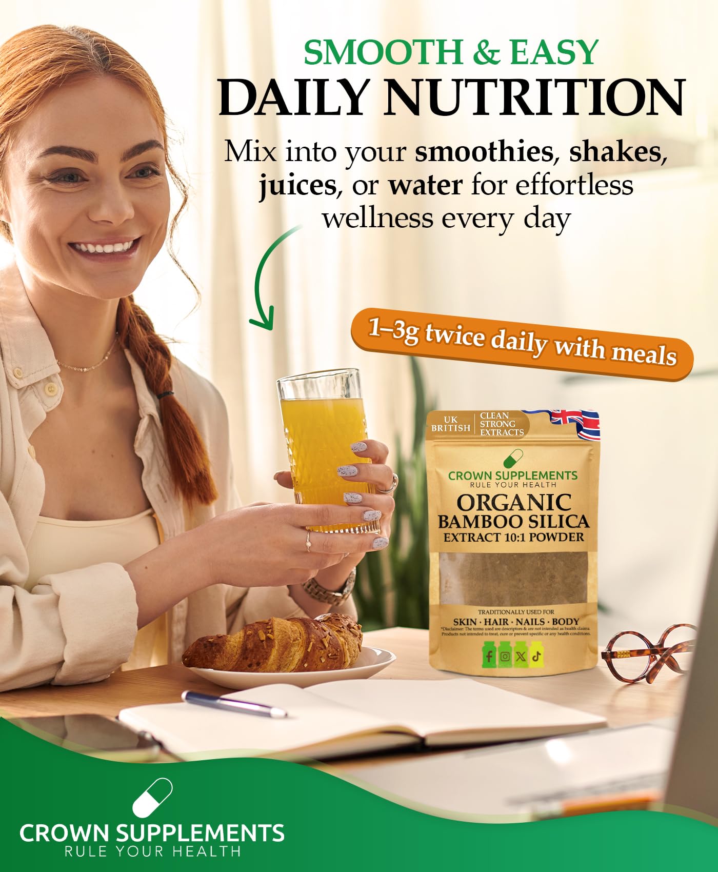 Organic Silica Extract 10:1| High Strength Naturally Sourced Silica Supplement | for Skin Health and Mobility | Vegan Capsules | from Bamboo Extract | UK Made (100G)