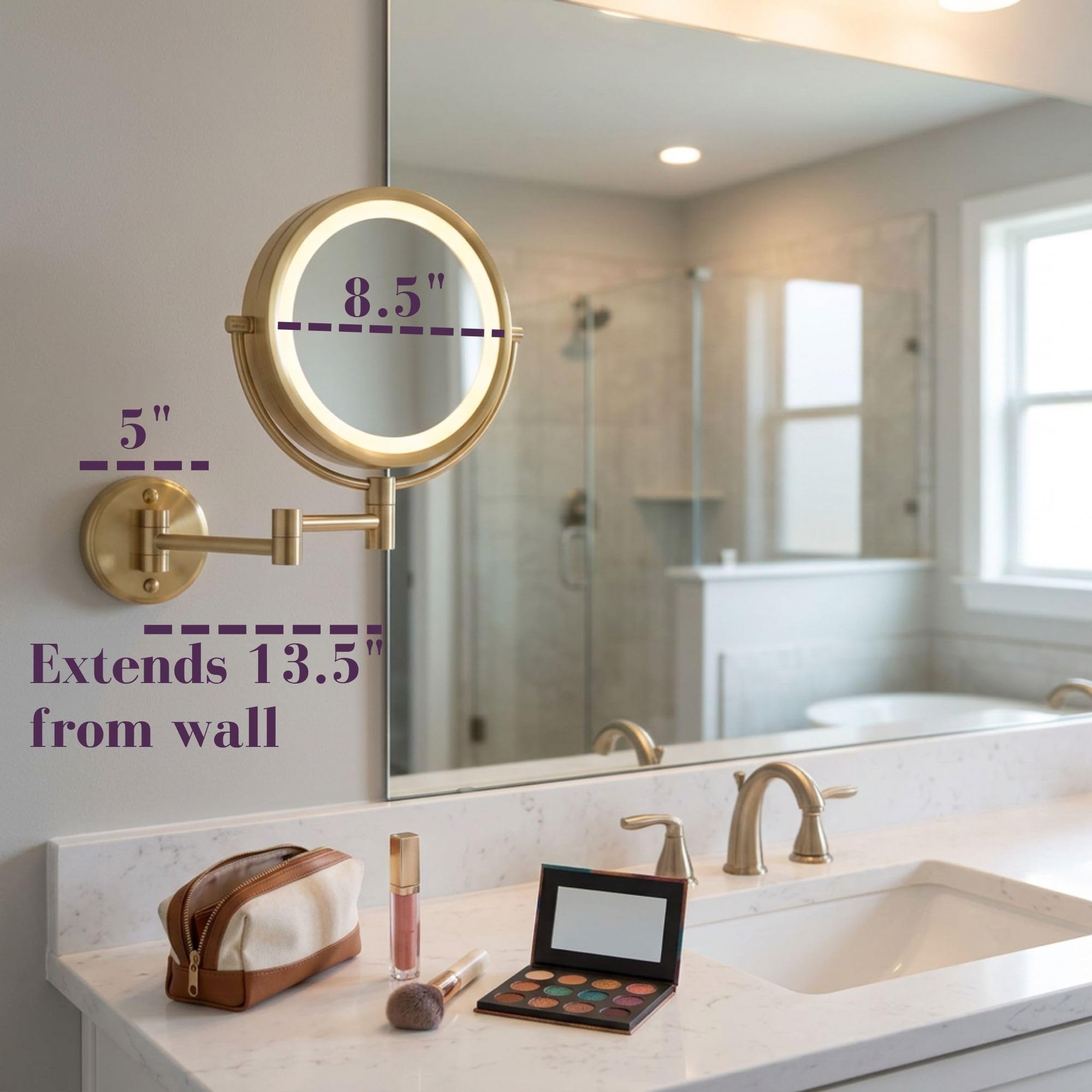 JERDON Wall-Mounted Vanity Mirror with Magnification - Direct Wire Lighted Makeup Mirror - 8X Magnification - Gold Finish, Model HL75BGD