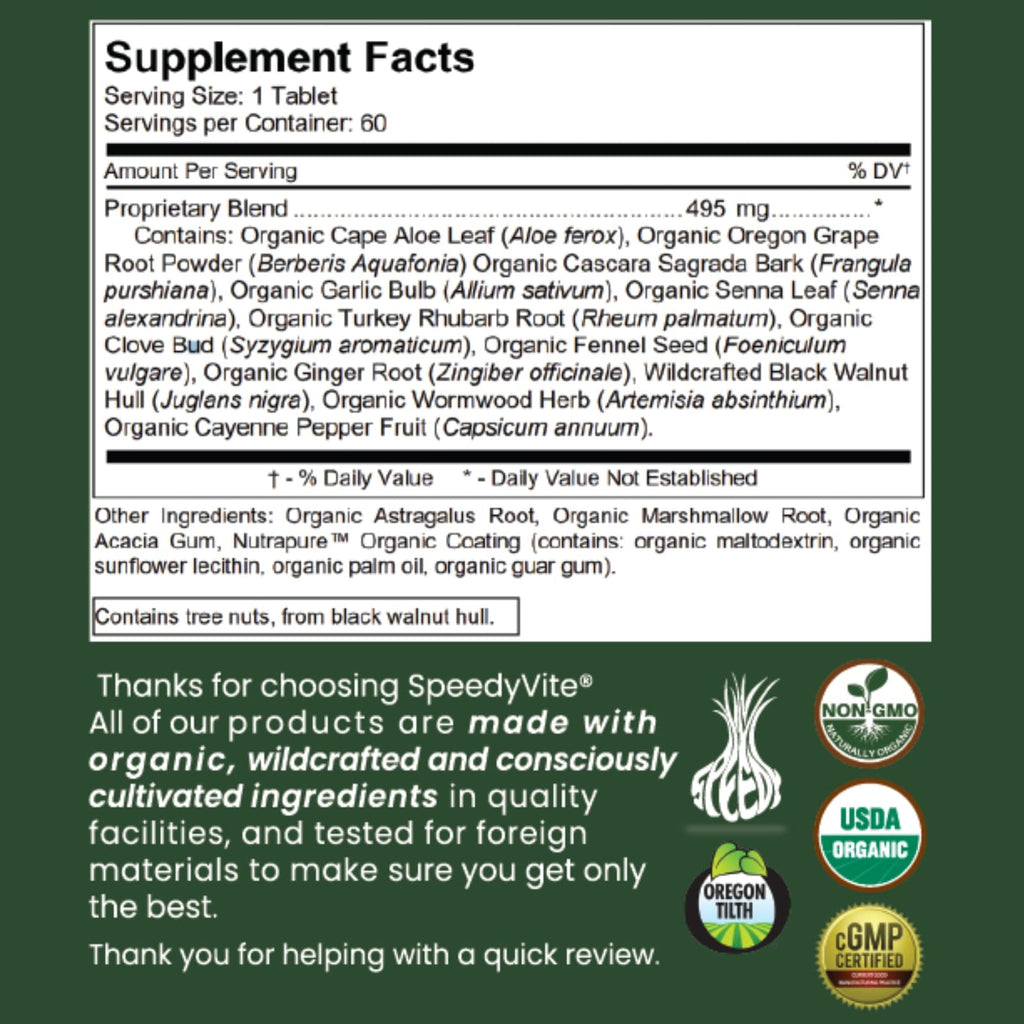 SpeedyVite® Organic Colon Cleaner Full Strength - (60 Veg Tablets) with Organic Cascara Sagrada bark, Oregon Grape Root, Turkey Rhubarb, Ginger & Fennel. Natural Supplement - Supports Bowel Function*