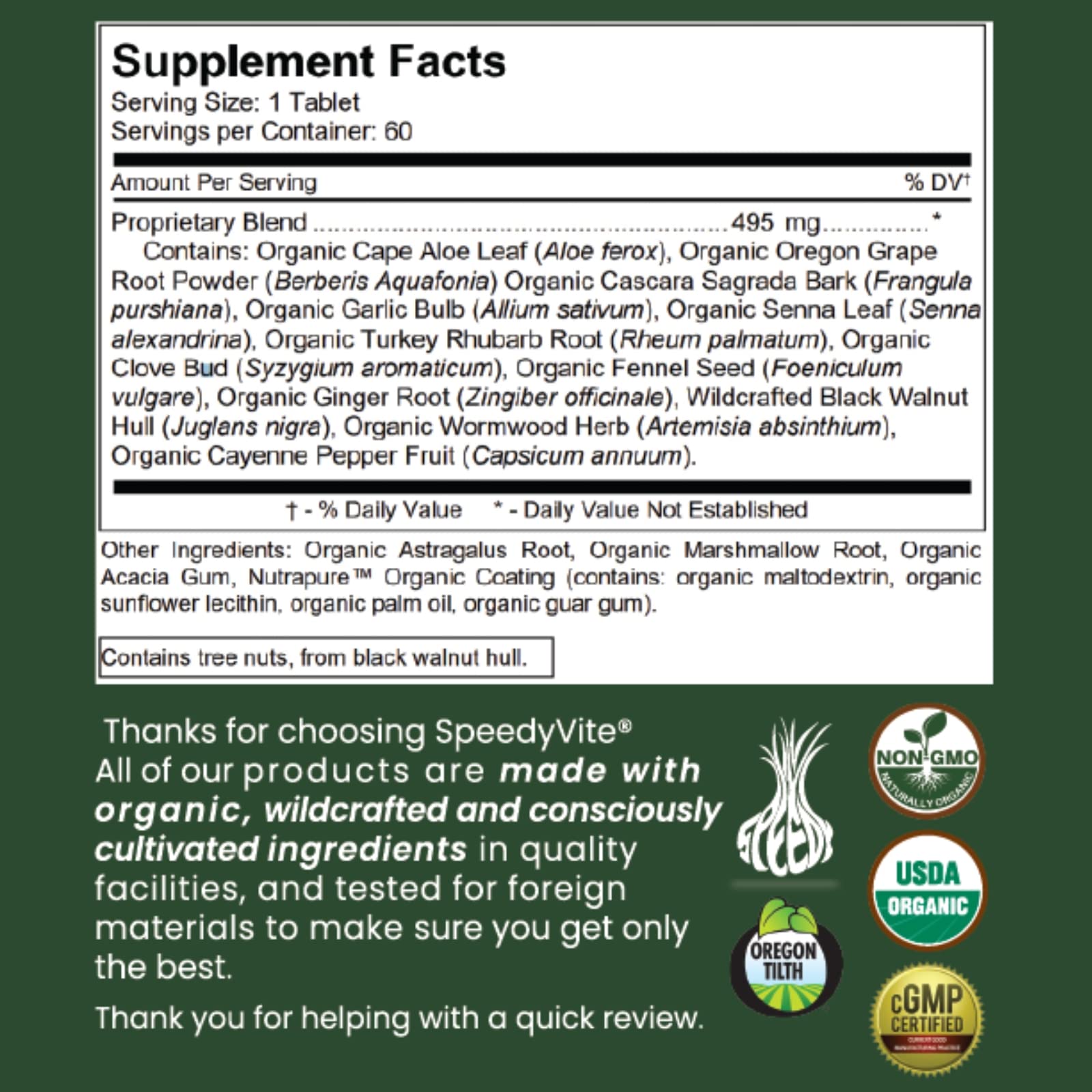 SpeedyVite® Organic Colon Cleaner Full Strength - (60 Veg Tablets) with Organic Cascara Sagrada bark, Oregon Grape Root, Turkey Rhubarb, Ginger & Fennel. Natural Supplement - Supports Bowel Function*
