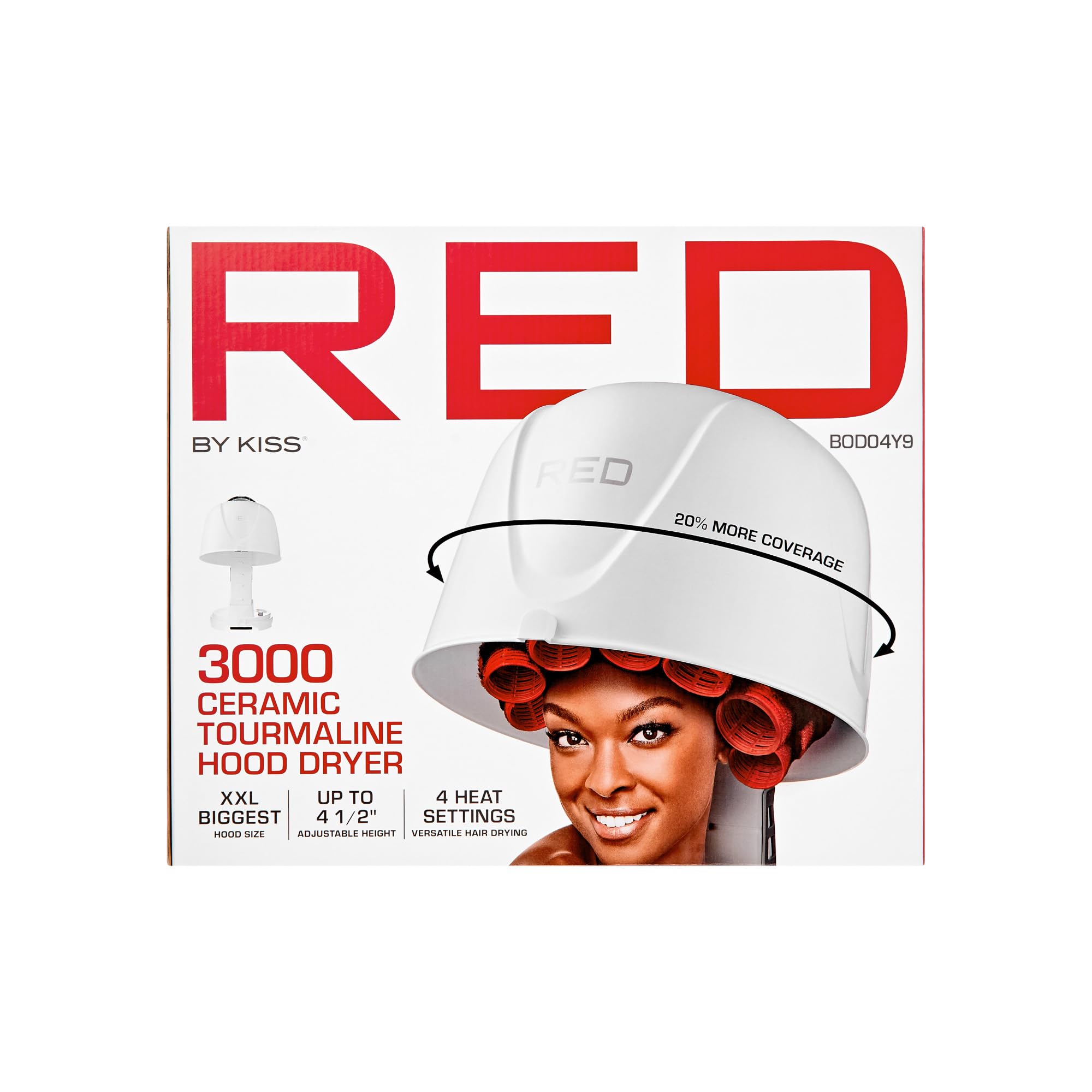 Red by Kiss 3000 Ceramic Tourmaline Professional Hood Dryer, 4 Heat Settings Blow Dryer for Home & Salon, Height Adjustable Convenient Big Hood Size Extra Coverage (1875 Wattage)