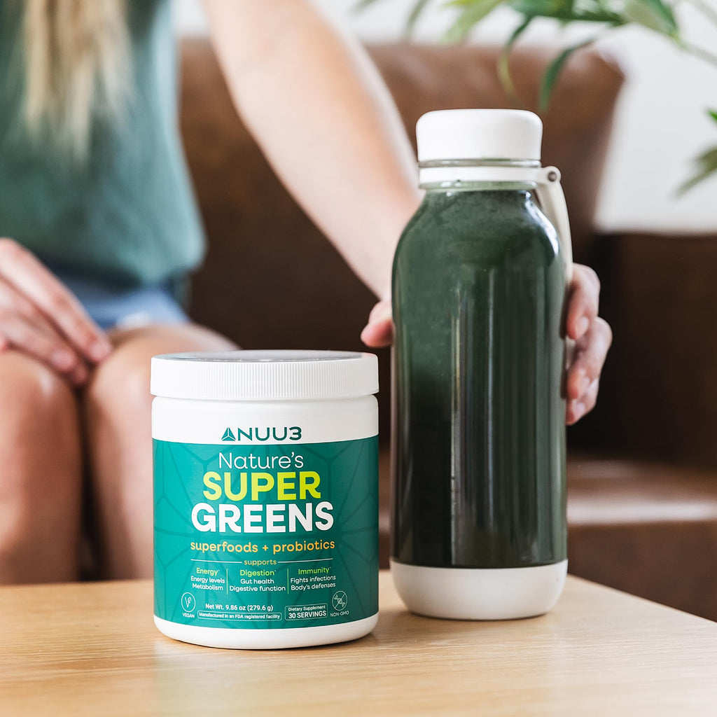 NUU3 Super Greens Superfoods + Probiotics - Immune Support, Improved Energy & Gut Health Digestive Enzymes - Boosts Immunity - 30 Servings (Unflavored)