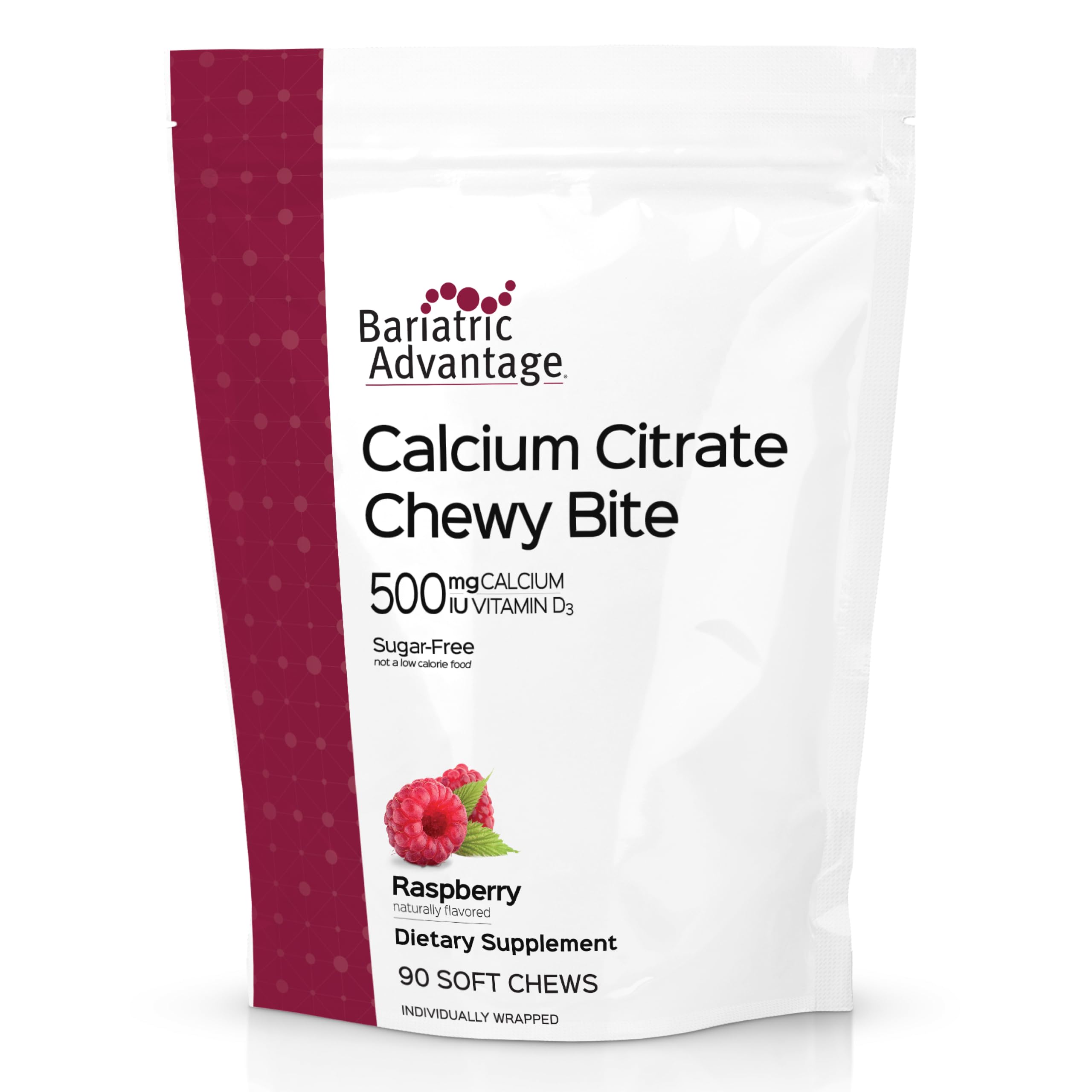 Bariatric Advantage Calcium Citrate Chewy Bites 500 mg - Highly Absorbable & Digestible - Vitamin D3 - Easily Chewable Calcium Supplement - Raspberry Flavor - 90 Count