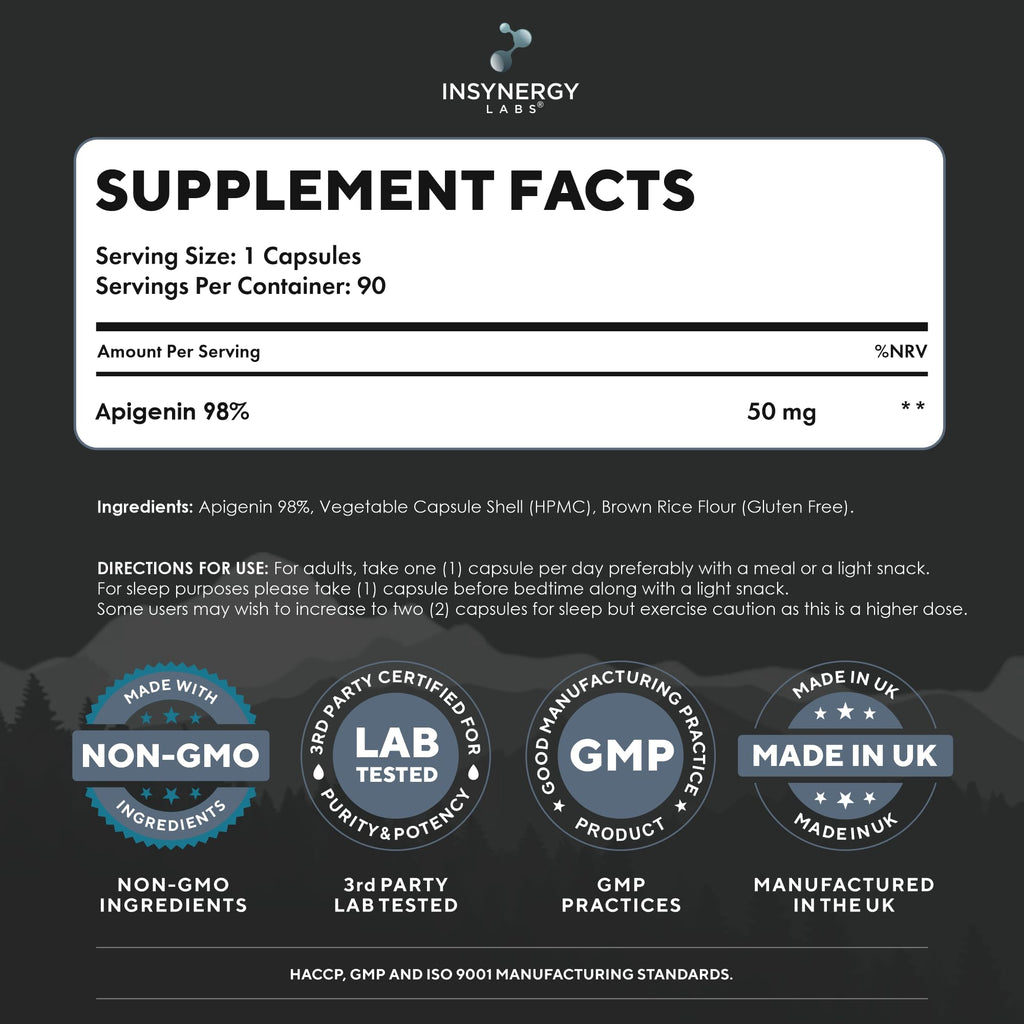Apigenin 3 Month Supply (98% Purity) Superior Chamomile Apigenin 90 Vegan Caps, Sleep Supplement, Relaxation Support, NAD+ Booster, Sleep Aid Relaxation & Mood
