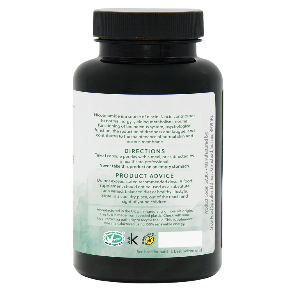 Vitamin B3 (Nicotinamide) 500mg - High Strength, Non-Flush, 120 Vegan Capsules - Non-GMO, Made in the UK - G&G Vitamins