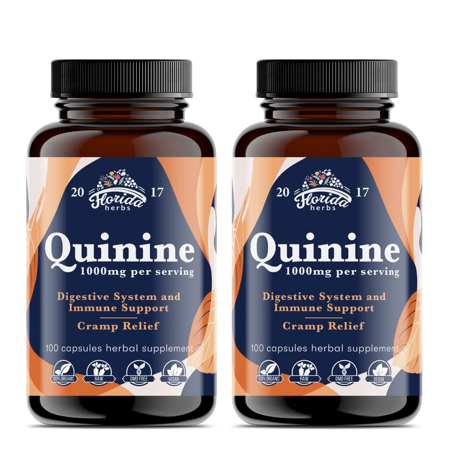 FLORIDA HERBS Leg Cramp Support – Organic Quinine Capsules from Cinchona Bark – 1000 mg (Pack of 2, Total 200 Capsules)
