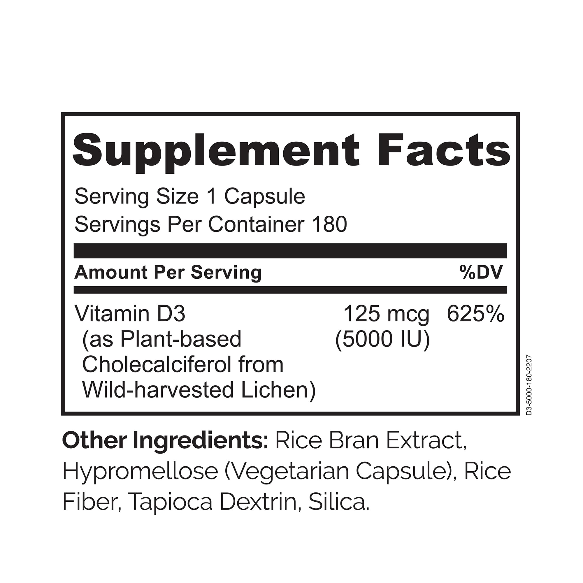 NATURELO Vitamin D - 5000 IU - Plant Based from Lichen - Natural D3 Supplement for Immune System, Bone Support, Joint Health - High Potency - Vegan - Non-GMO - Gluten Free - 180 Capsules