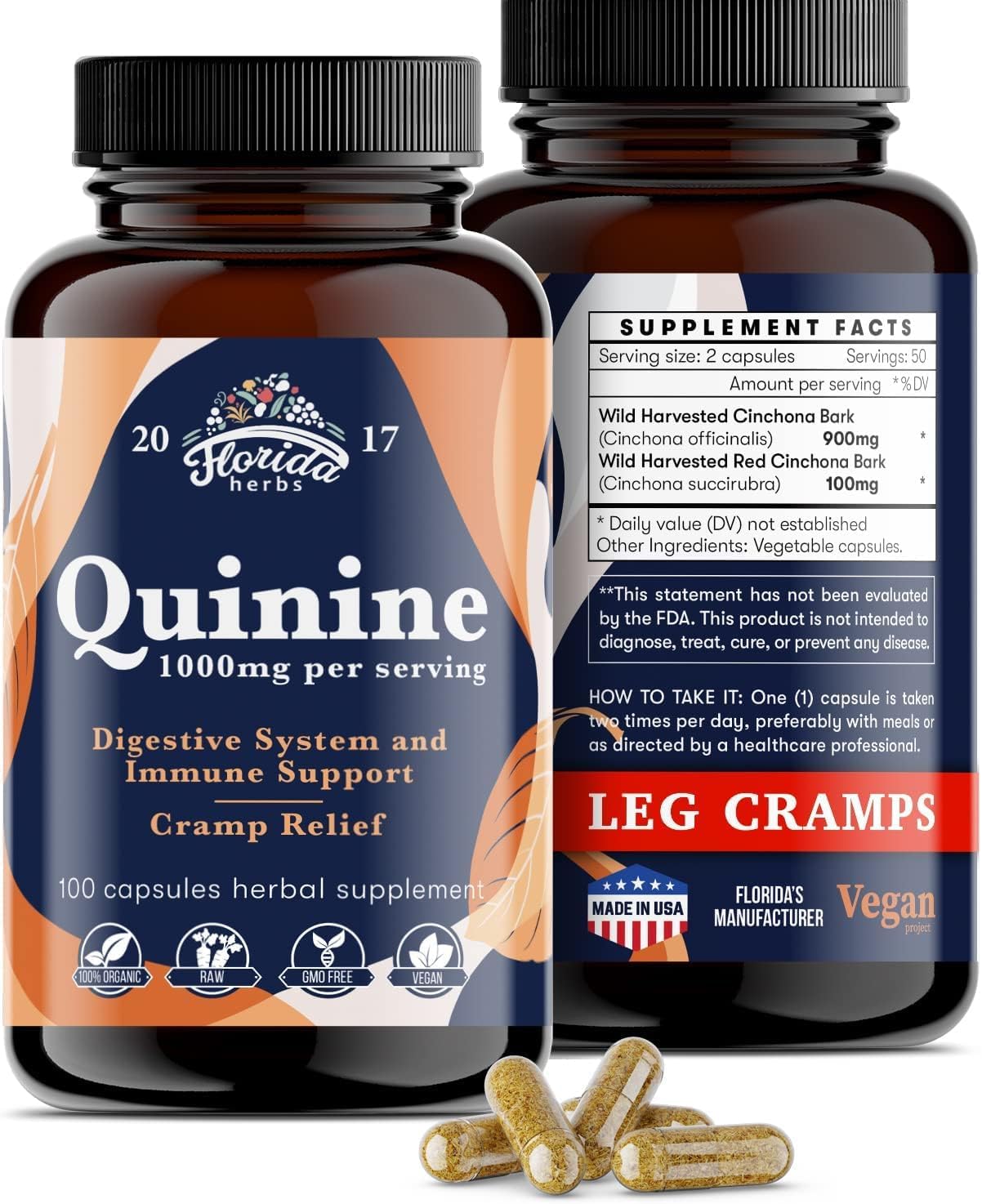 FLORIDA HERBS Leg Cramp Support – Organic Quinine Capsules from Cinchona Bark – 1000 mg (Pack of 2, Total 200 Capsules)