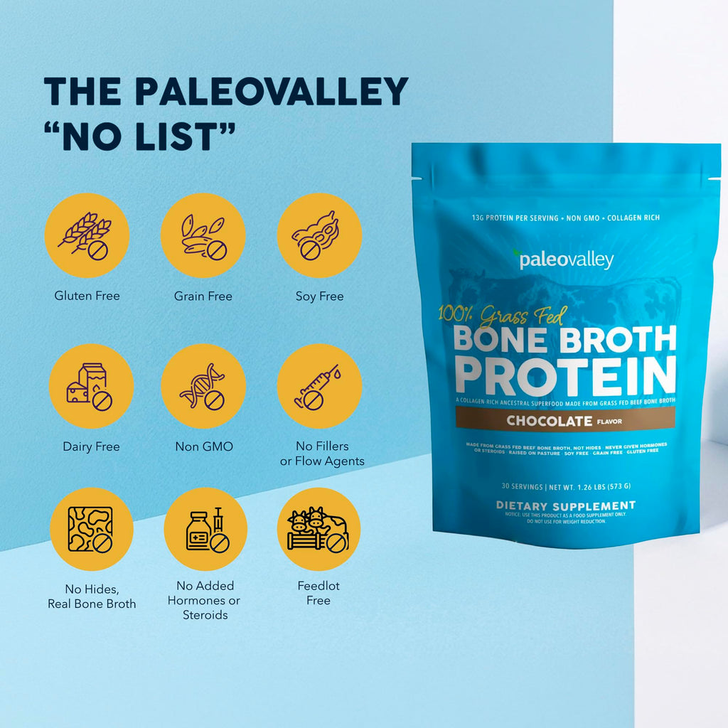 Paleovalley 100% Grass Fed Beef Bone Broth Protein Powder - Rich in Collagen Peptides for Hair, Skin, Gut Health, Bone and Joint Support - 13g Protein Per Serving - No Gluten or GMOs - Chocolate