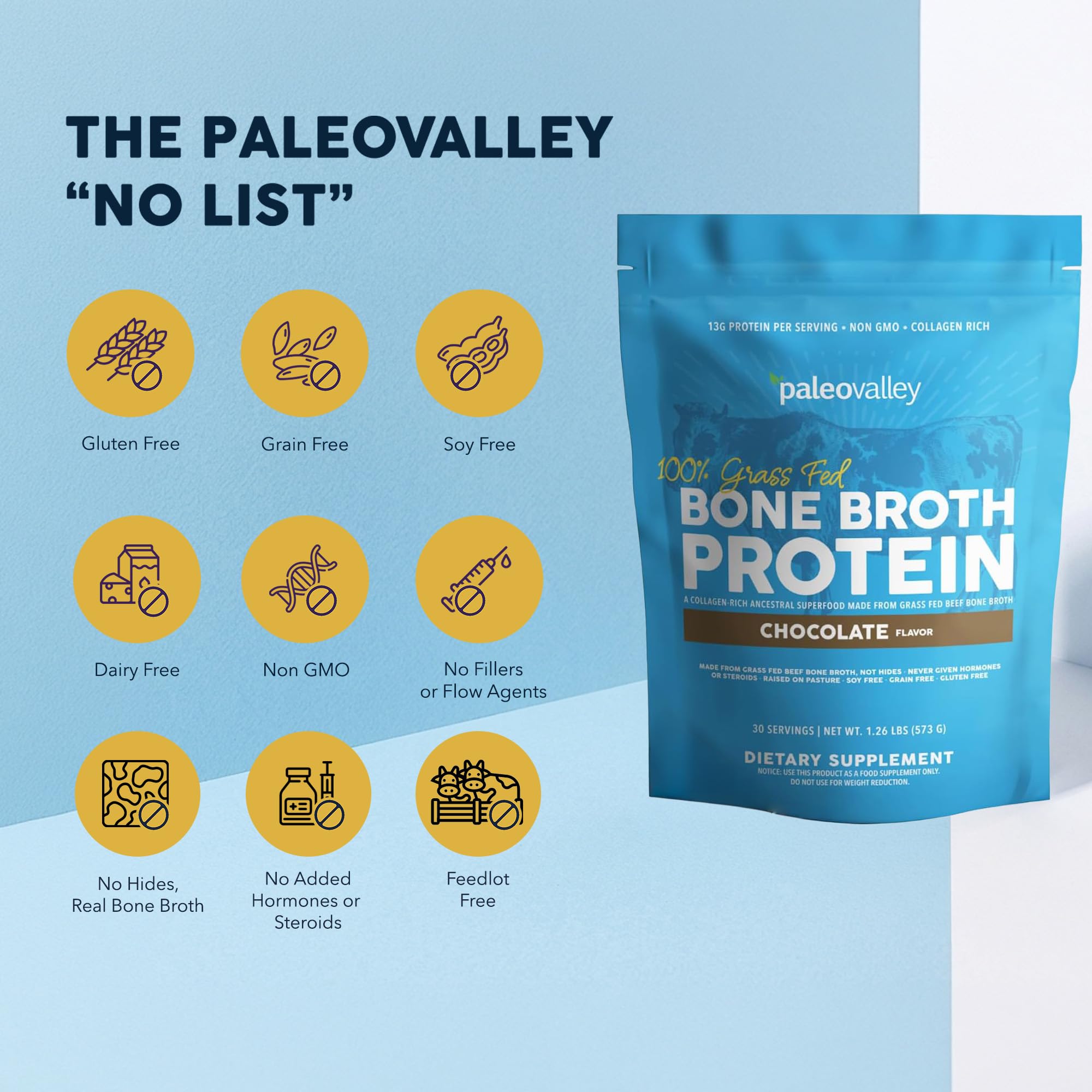 Paleovalley 100% Grass Fed Beef Bone Broth Protein Powder - Rich in Collagen Peptides for Hair, Skin, Gut Health, Bone and Joint Support - 13g Protein Per Serving - No Gluten or GMOs - Chocolate