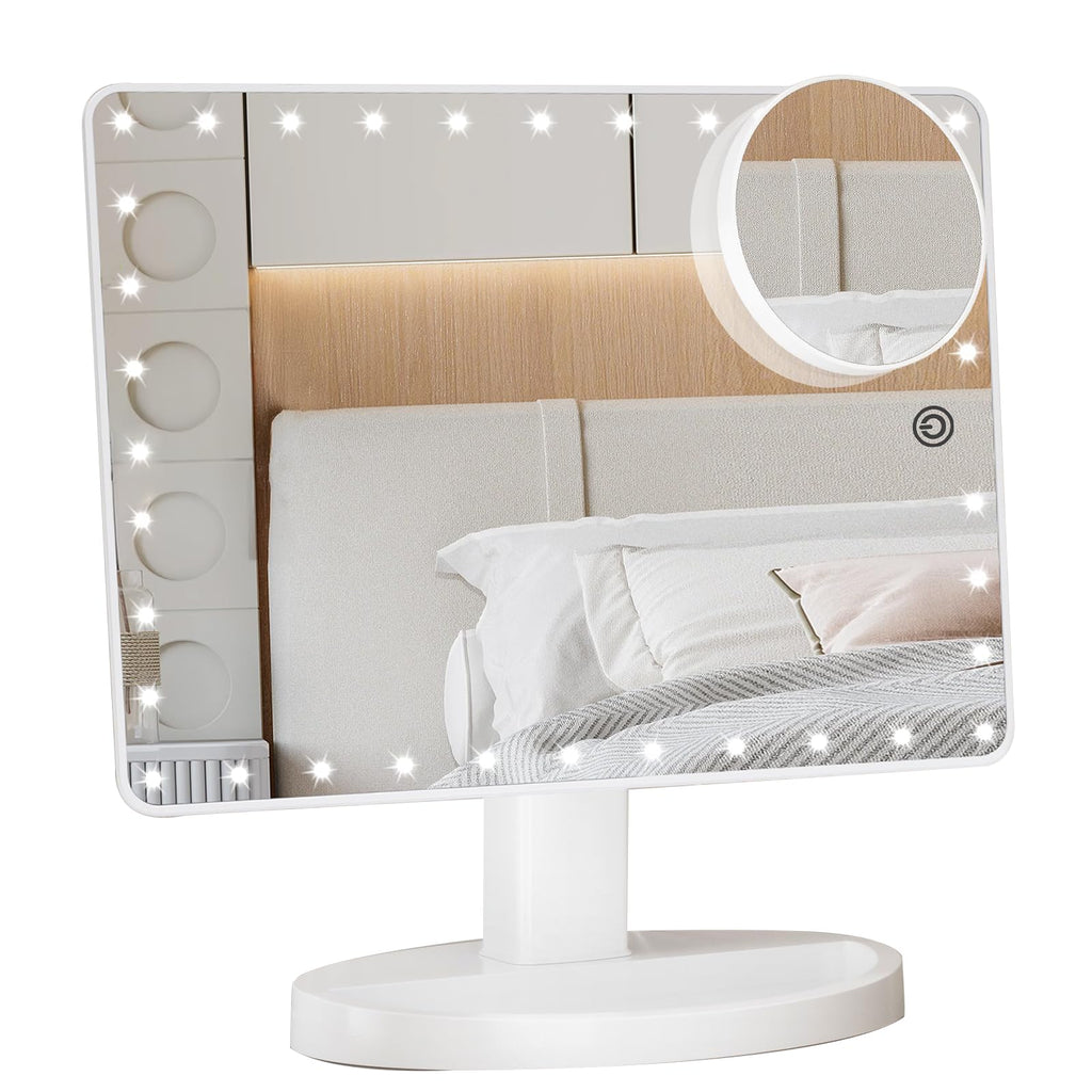 FUNTOUCH Large Lighted Makeup Mirror with Lights, Light Up Mirror with Small 10x Magnification for Desk, 360°Rotation Touch Screen,Brightness Adjustable Tabletop Cosmetic Vanity Make Up Mirror
