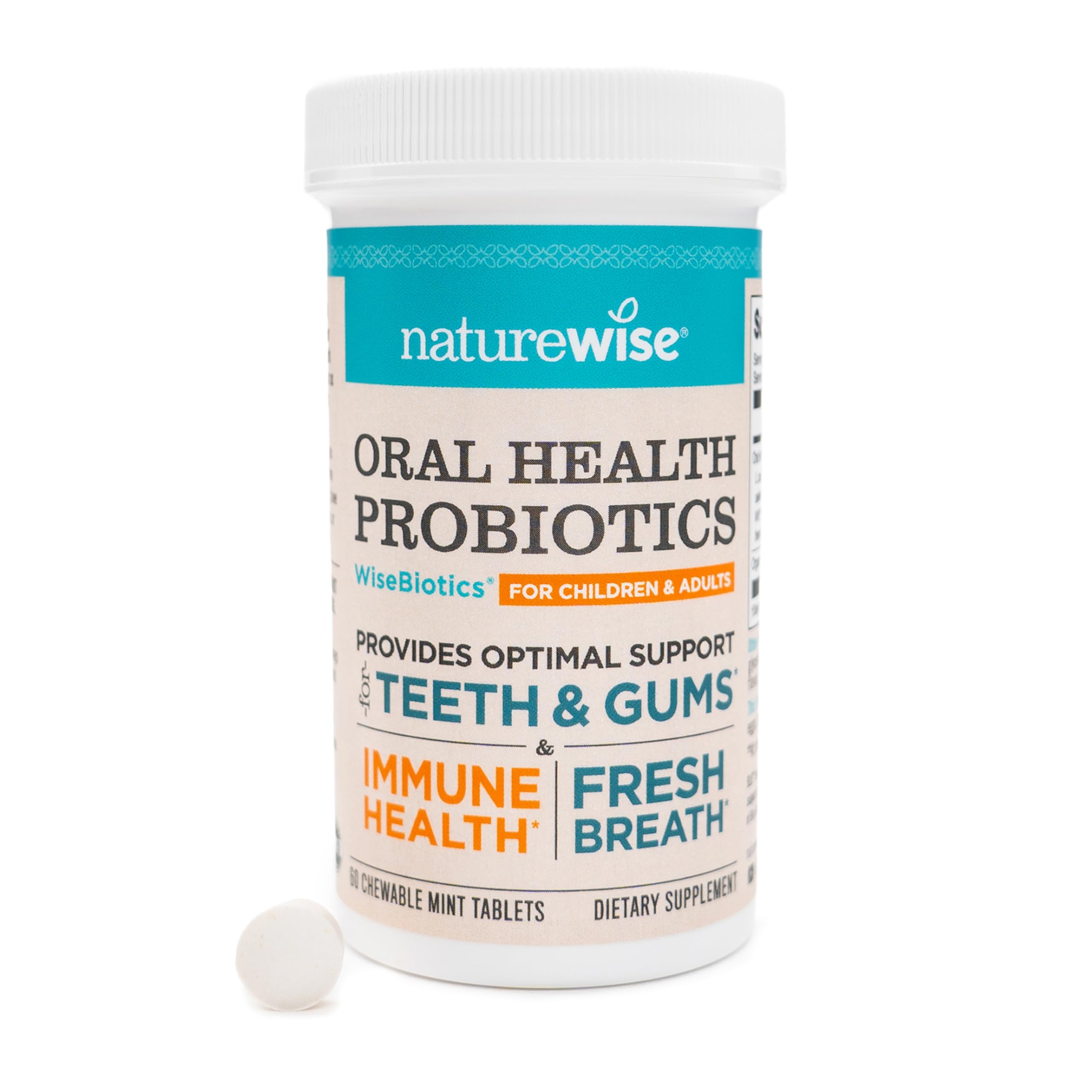 NatureWise Oral Probiotics for Mouth Bad Breath - Chewable Sugar-Free Mint - Lactobacillus reuteri Chewable - Oral Probiotics For Kids & Adults - Non-GMO USA Manufactured - 60 Count[60-Day Supply]