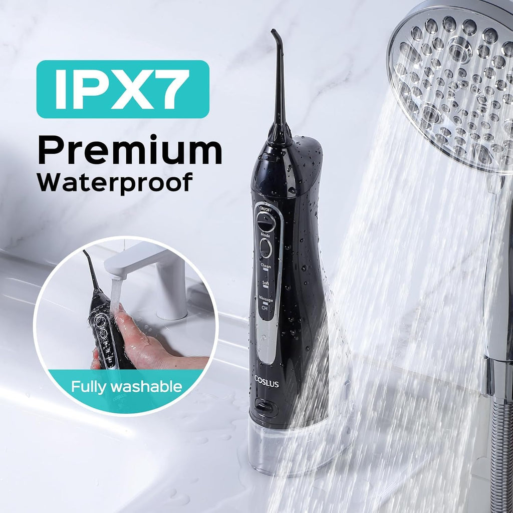 COSLUS ADA Accepted Water Dental Flosser Teeth Pick C20: Portable Cordless Oral Irrigator 300ML Rechargeable Travel Irrigation Cleaner IPX7 Waterproof Electric Flossing Machine, Standard Set Black