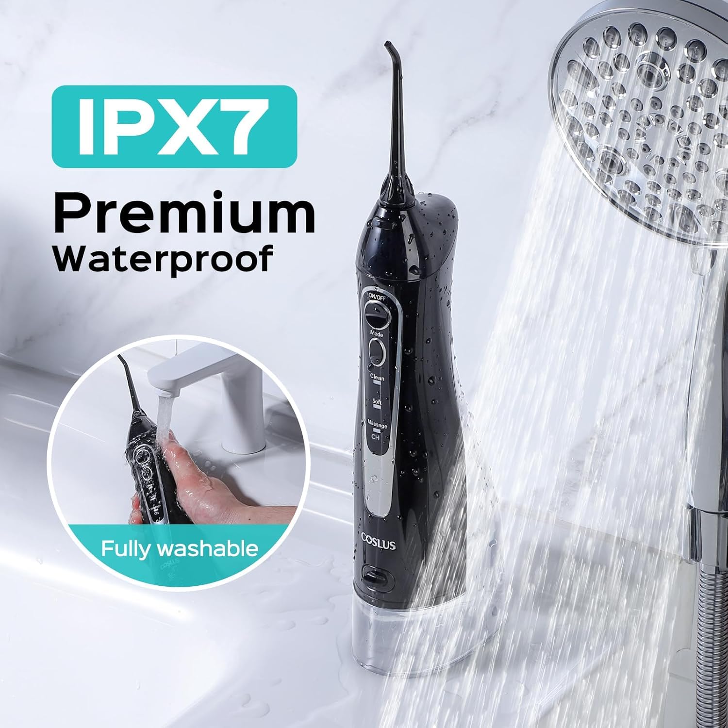 COSLUS ADA Accepted Water Dental Flosser Teeth Pick C20: Portable Cordless Oral Irrigator 300ML Rechargeable Travel Irrigation Cleaner IPX7 Waterproof Electric Flossing Machine, Standard Set Black