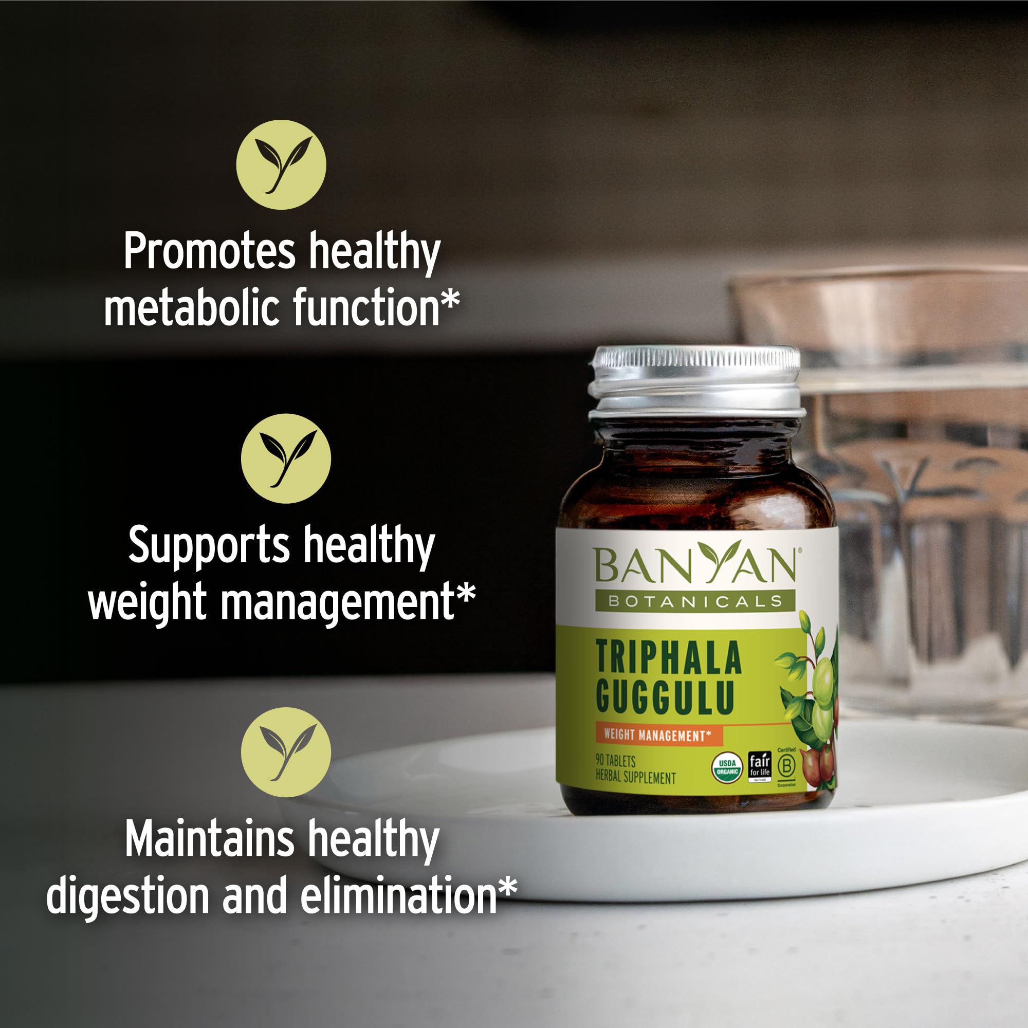 Banyan Botanicals Organic Triphala Guggulu – Deep Tissue Detox & GI Tract Support – Advanced Herbal Cleansing Supplement with Guggulu Resin – Systemic Waste Elimination – 90 Tablets – USDA Organic