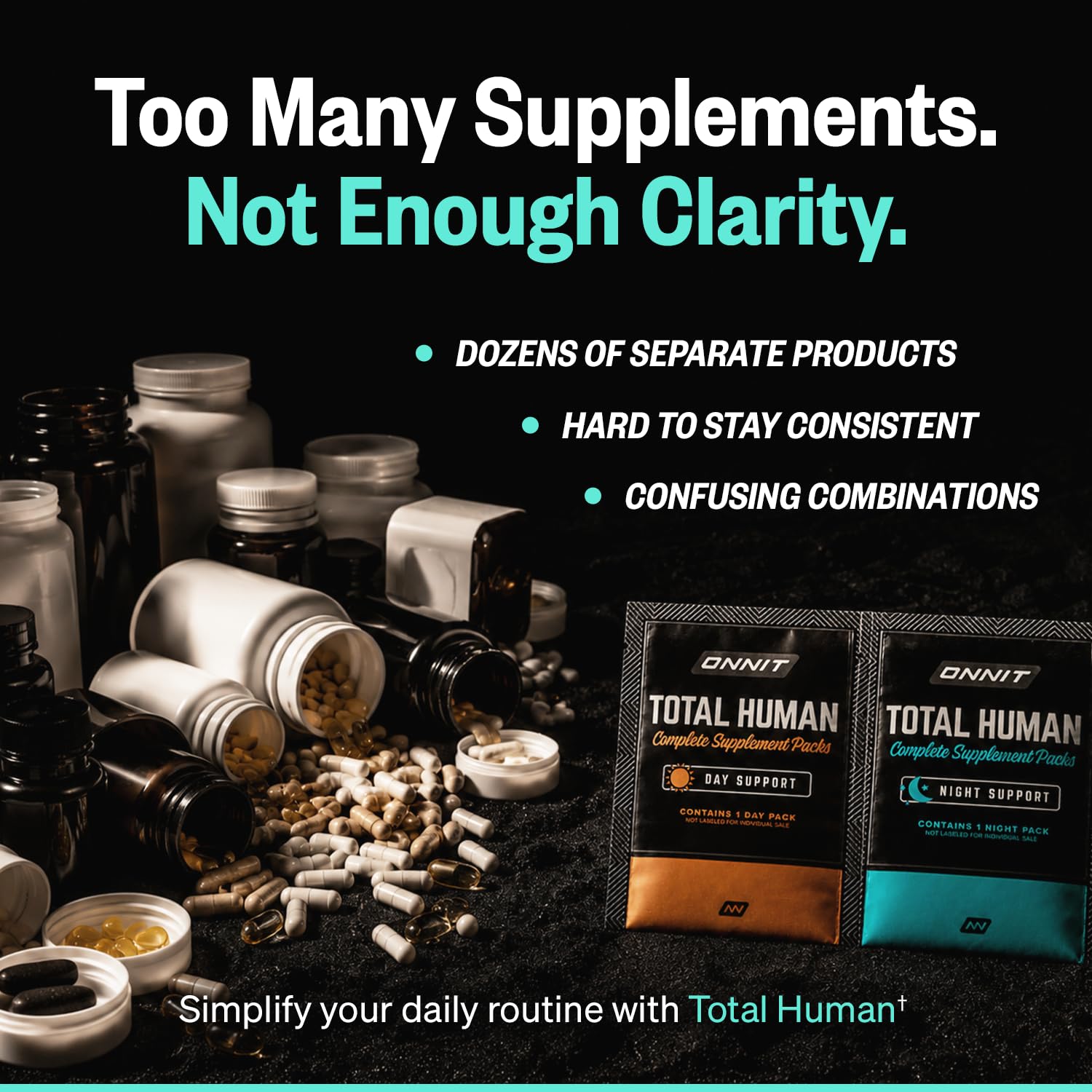ONNIT Total Human Adult Multivitamin Comprehensive Capsule Packs with Day and Night Support, Daily Vitamin Packs for Men and Women, Dietary Supplement Capsules, 30-Day Supply, 60 Packs
