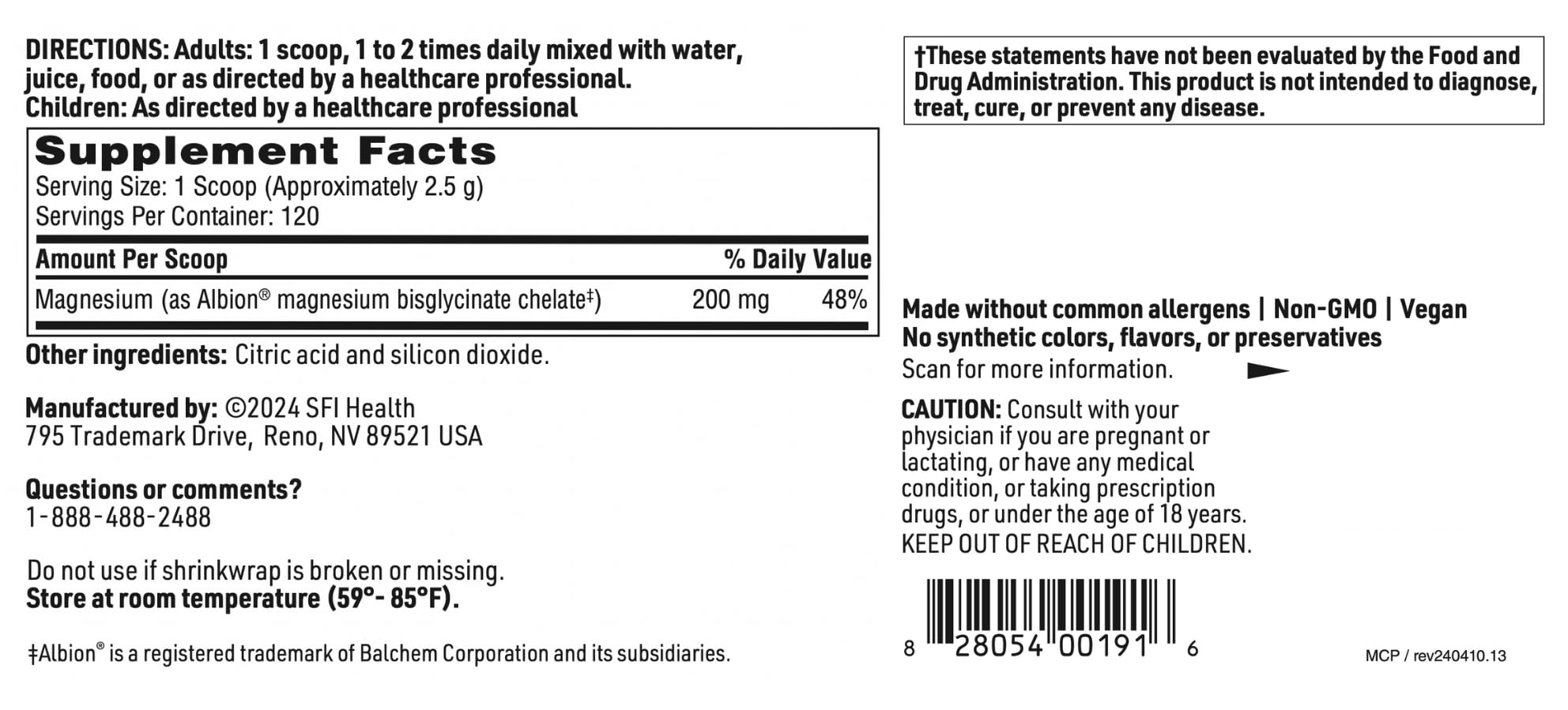 Klaire Labs SFI Health Magnesium Chelate Powder - Fast-Dissolving 200 Milligrams High Absorption TRAACS Bisglycinate, Vegetarian & Hypoallergenic (120 Servings, 300 Grams)