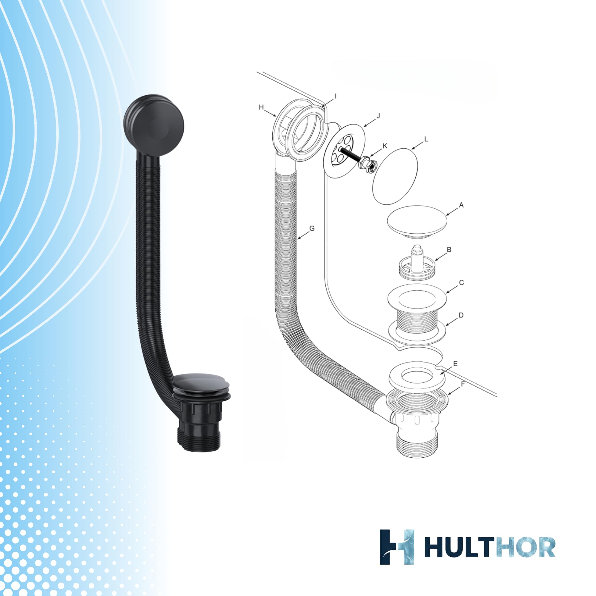 Hulthor Bath Waste & Overflow Kit – Universal 1.5" Click Clack Plug Set with Pop-Up Mechanism – Compatible with Standard UK Bathtubs (Black)