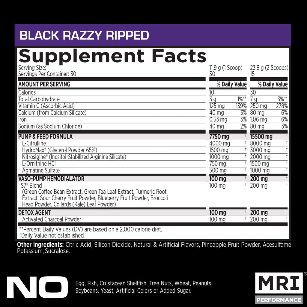 MRI NO2 Black Nitric Oxide, Pump & Muscle, Stim-Free (Black Razzy Ripped)