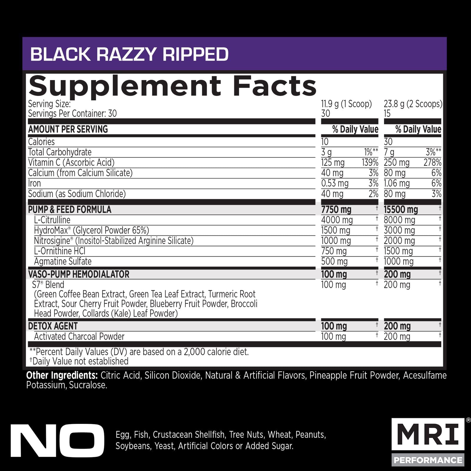 MRI NO2 Black Nitric Oxide, Pump & Muscle, Stim-Free (Black Razzy Ripped)