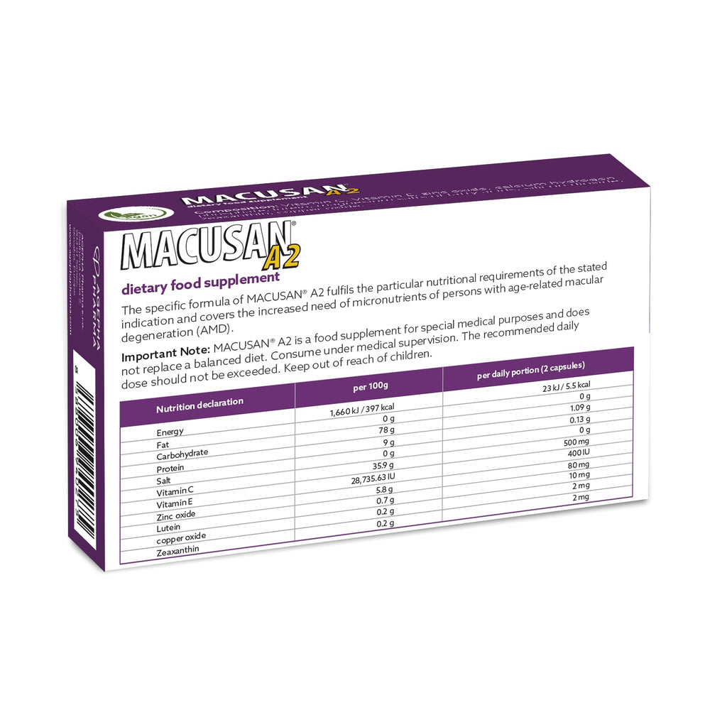 Macusan A2 AREDS2 Formula | Eye Health Dietary Food Supplement with Lutein, Zeaxanthin & Vitamins | Supports Vision & Helps Manage Age-Related Macular Degeneration (AMD) | 60 Capsules