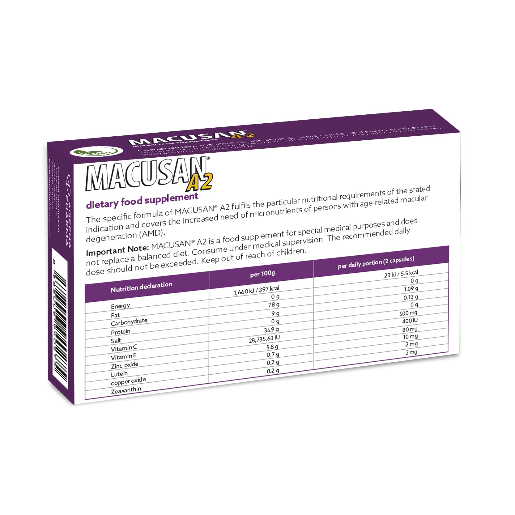 Macusan A2 AREDS2 Formula | Eye Health Dietary Food Supplement with Lutein, Zeaxanthin & Vitamins | Supports Vision & Helps Manage Age-Related Macular Degeneration (AMD) | 60 Capsules