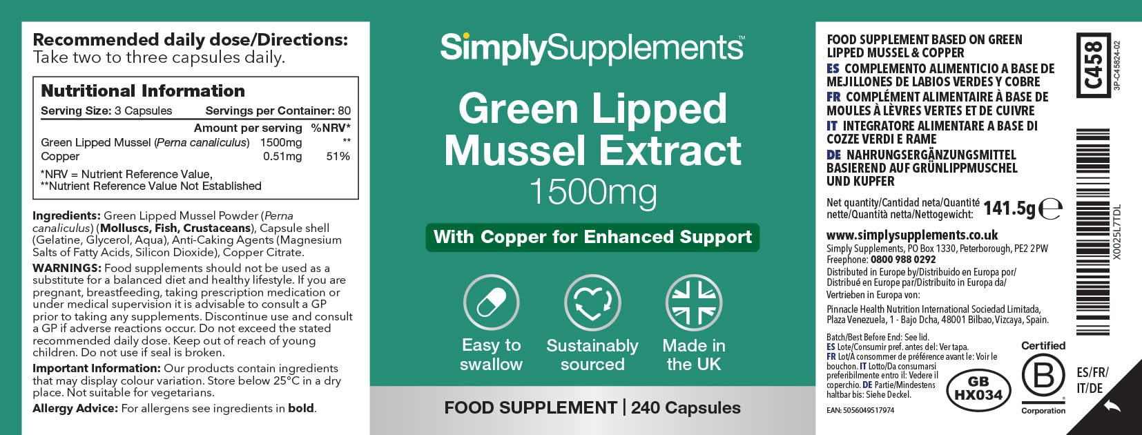 Green Lipped Mussel 1500mg with Copper | 240 Capsules | 80 Days' Supply
