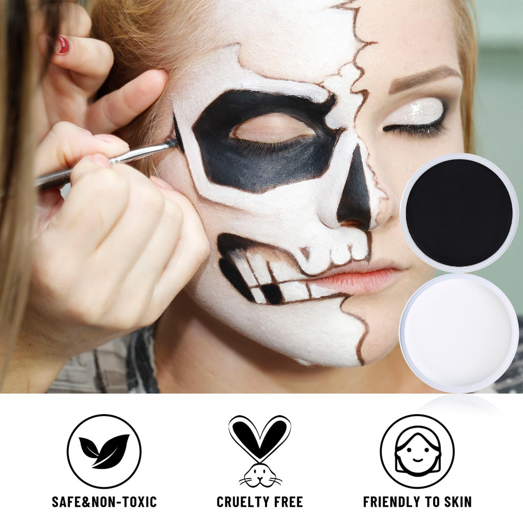 BOBISUKA Black & White Face Body Paint + Setting Powder + 3PCS Brushes Face Painting Kit for Adult Professional Oil Based Facepaint For Halloween Clown Skeleton Vampire Skull Joker Cosplay SFX Makeup