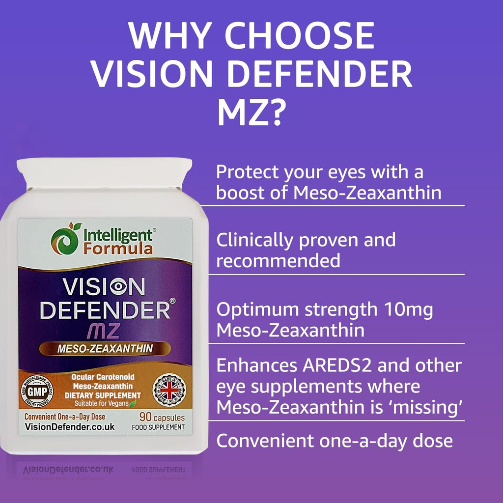 Vision Defender Meso Zeaxanthin Vegan Eye Supplement MZ- Protect and Improve Ocular Health & Eye Care, High Strength Antioxidant Carotenoid Meso-Zeaxanthin for Eyes (90 Capsules/One Daily) Made in UK