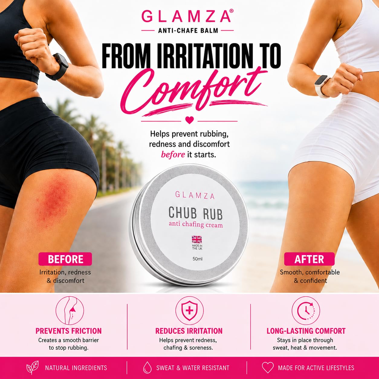 Glamza Chamois Cream Chub Rub’ Anti Chafing Cream for Men & Women - Prevents Chaffing for Cyclists, Runners and More 50ml