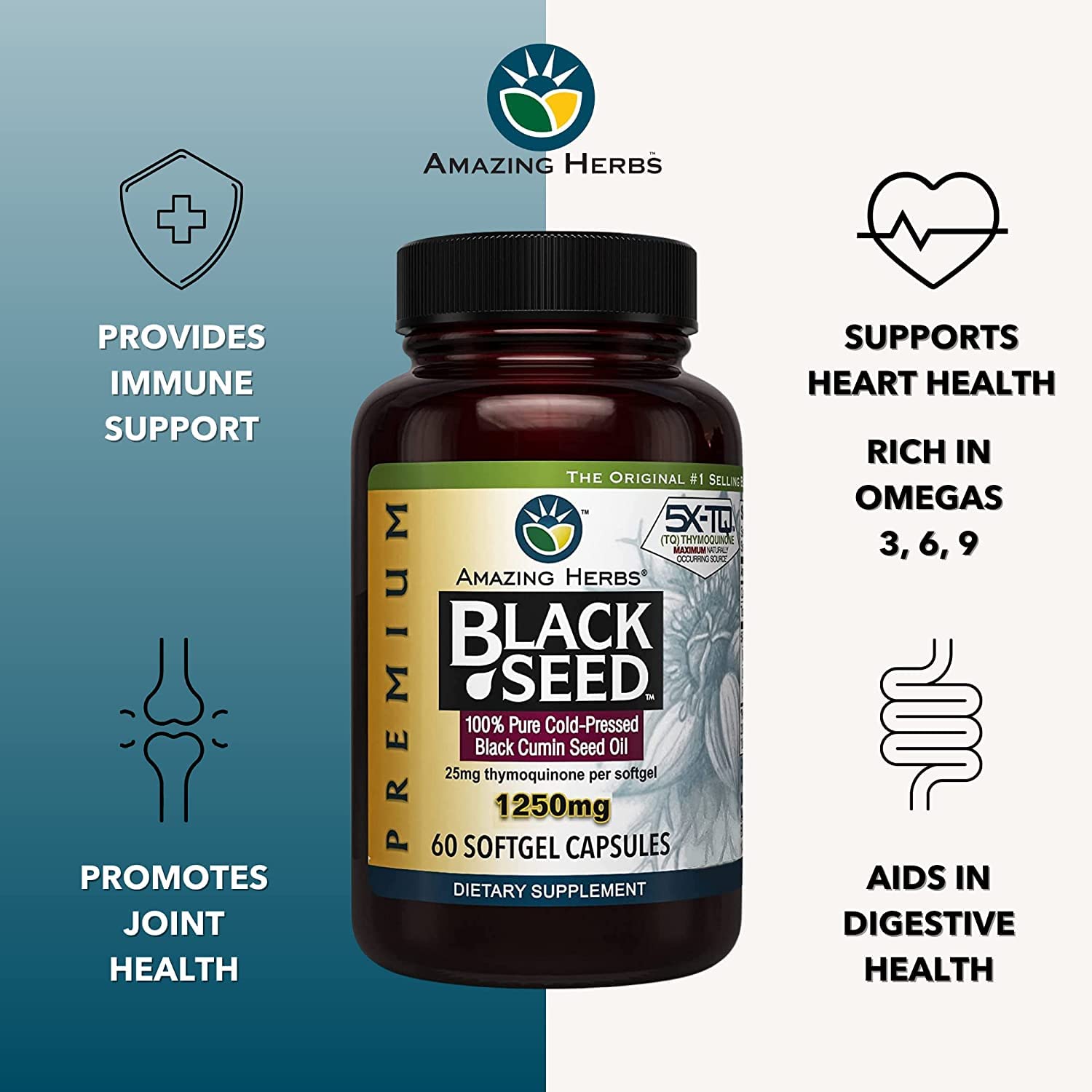 Amazing Herbs Premium Black Seed Oil Capsules - High Potency, Cold Pressed Nigella Sativa Aids in Digestive Health, Immune Support & Brain Function - 60 Count, 1250mg (Pack of 2)