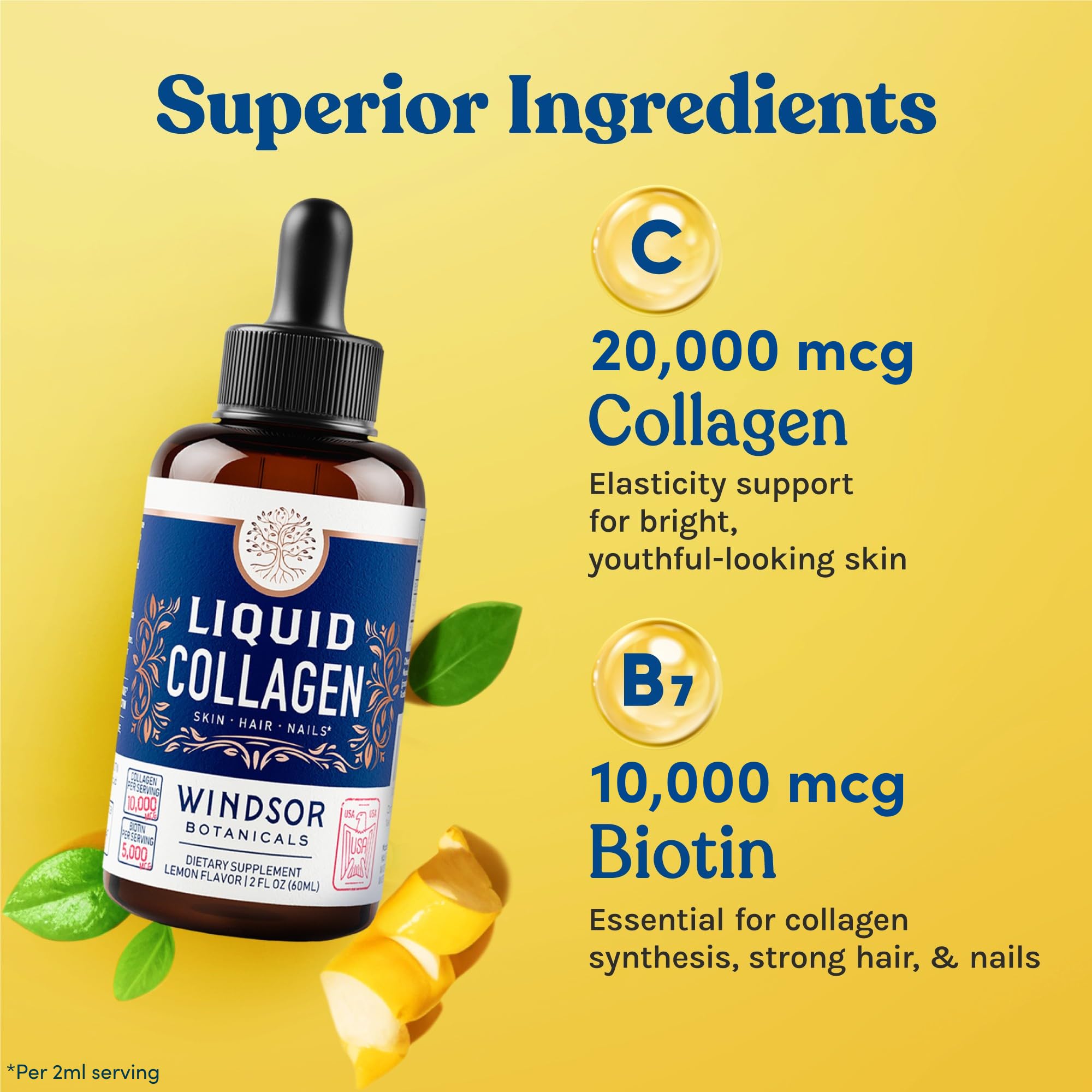Concentrated Liquid Collagen Peptides Supplement - 30,000mcg Hydrolyzed Liquid Collagen for Women plus Biotin Hair, Skin, Nail Support - Sublingual Drops or Natural Lemon Drink 2x2oz