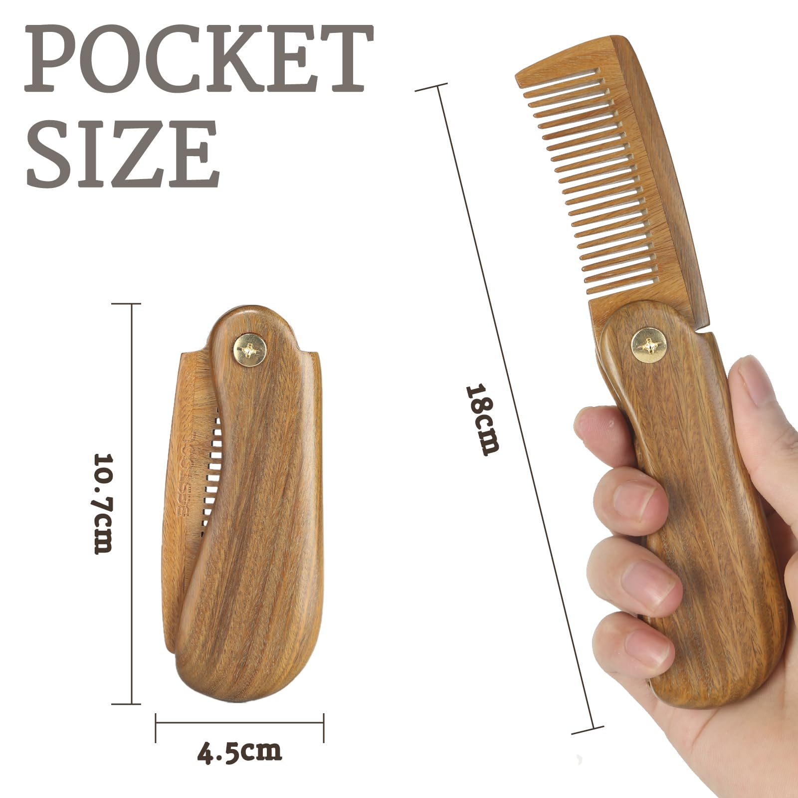 BESTOOL Foldable Green Sandalwood Comb for Men's Grooming & Combing Hair, Beards & Mustaches, Antistatic, Naturally Scented Detangling Comb